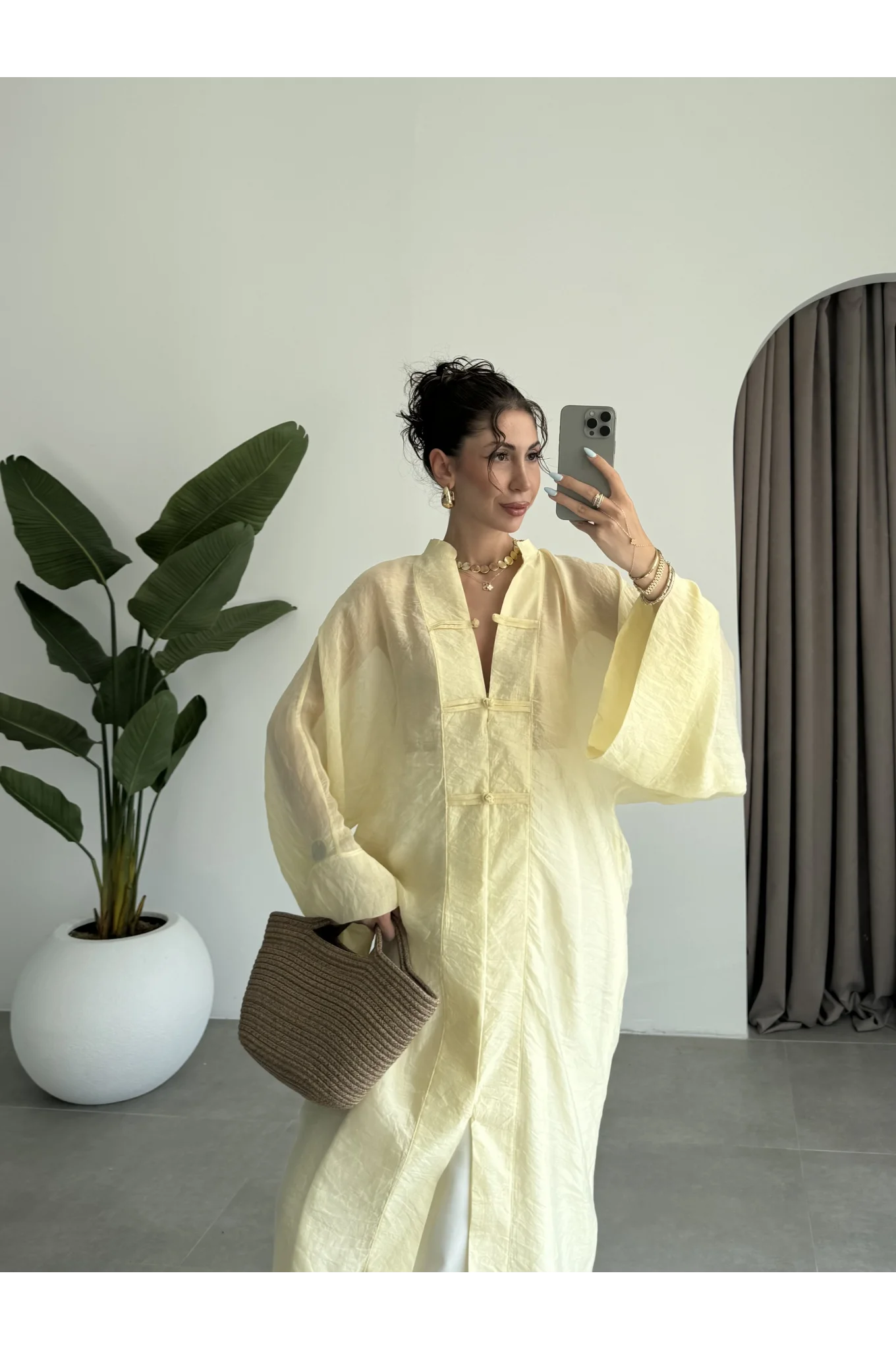 Çin Düğmeli Tensel Maxi Boy Sarı Kimono
