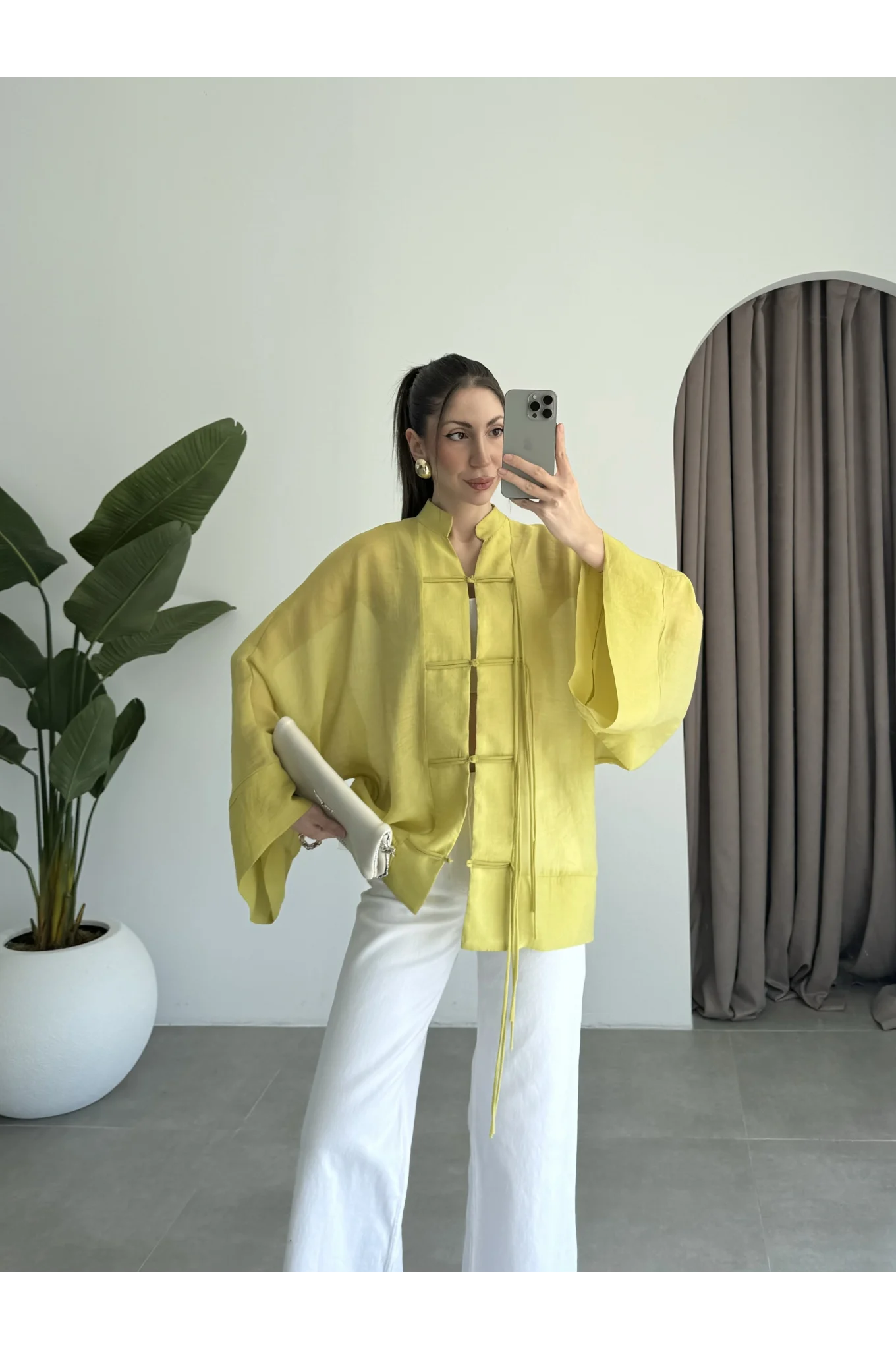 Çin Düğmeli Yağ Yeşili Gömlek Kimono