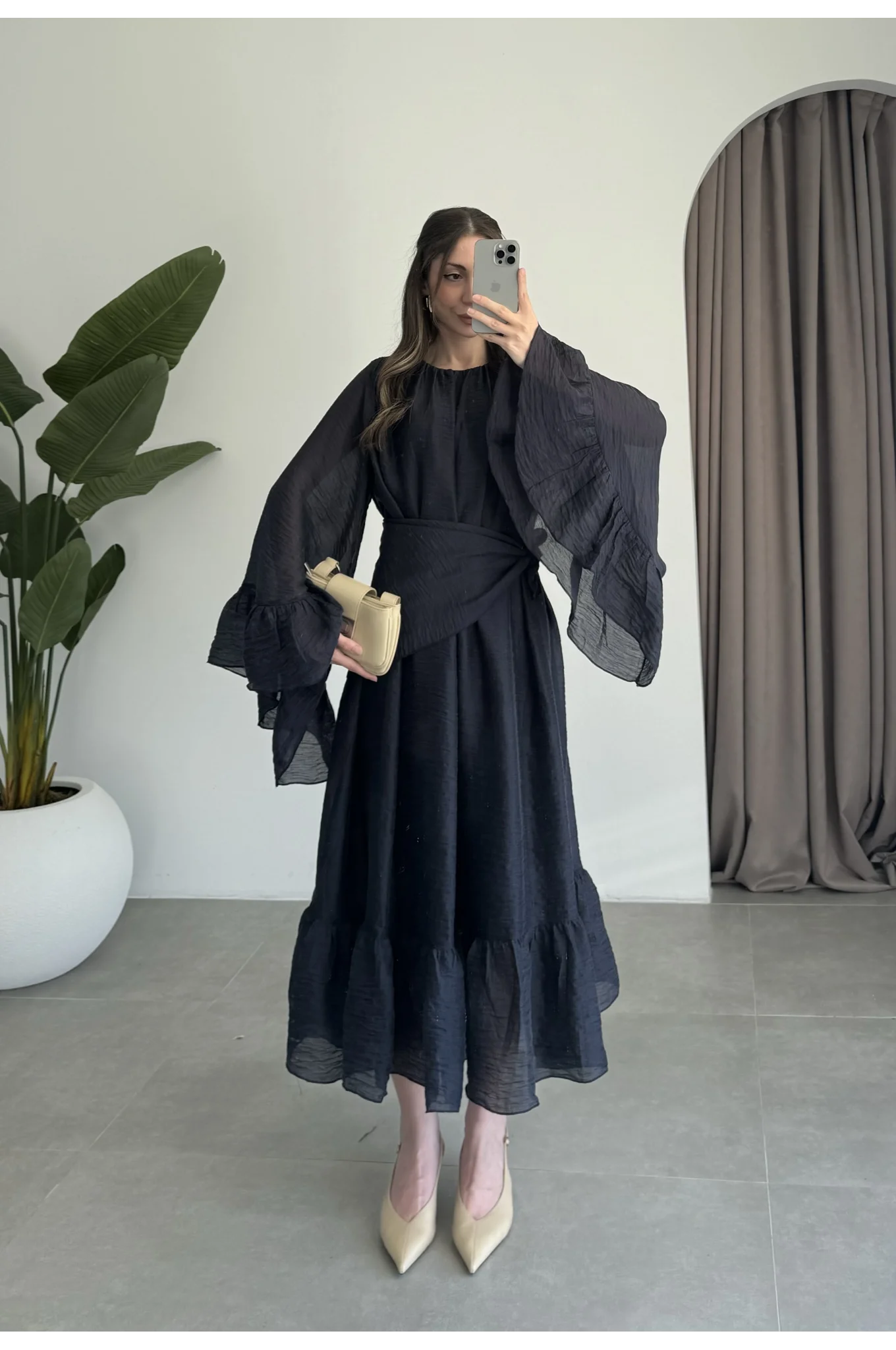 Diva Şallı Büzgülü Lacivert Elbise