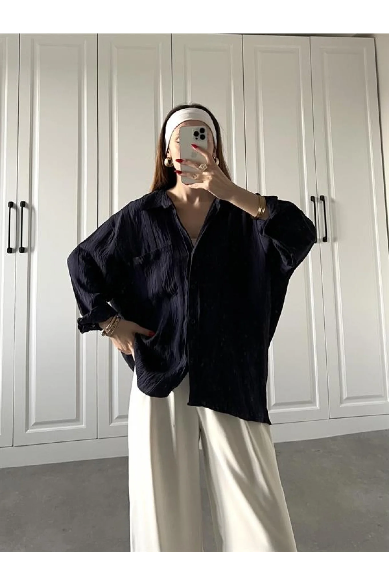 Dora Oversize Lacivert Tensel Gömlek