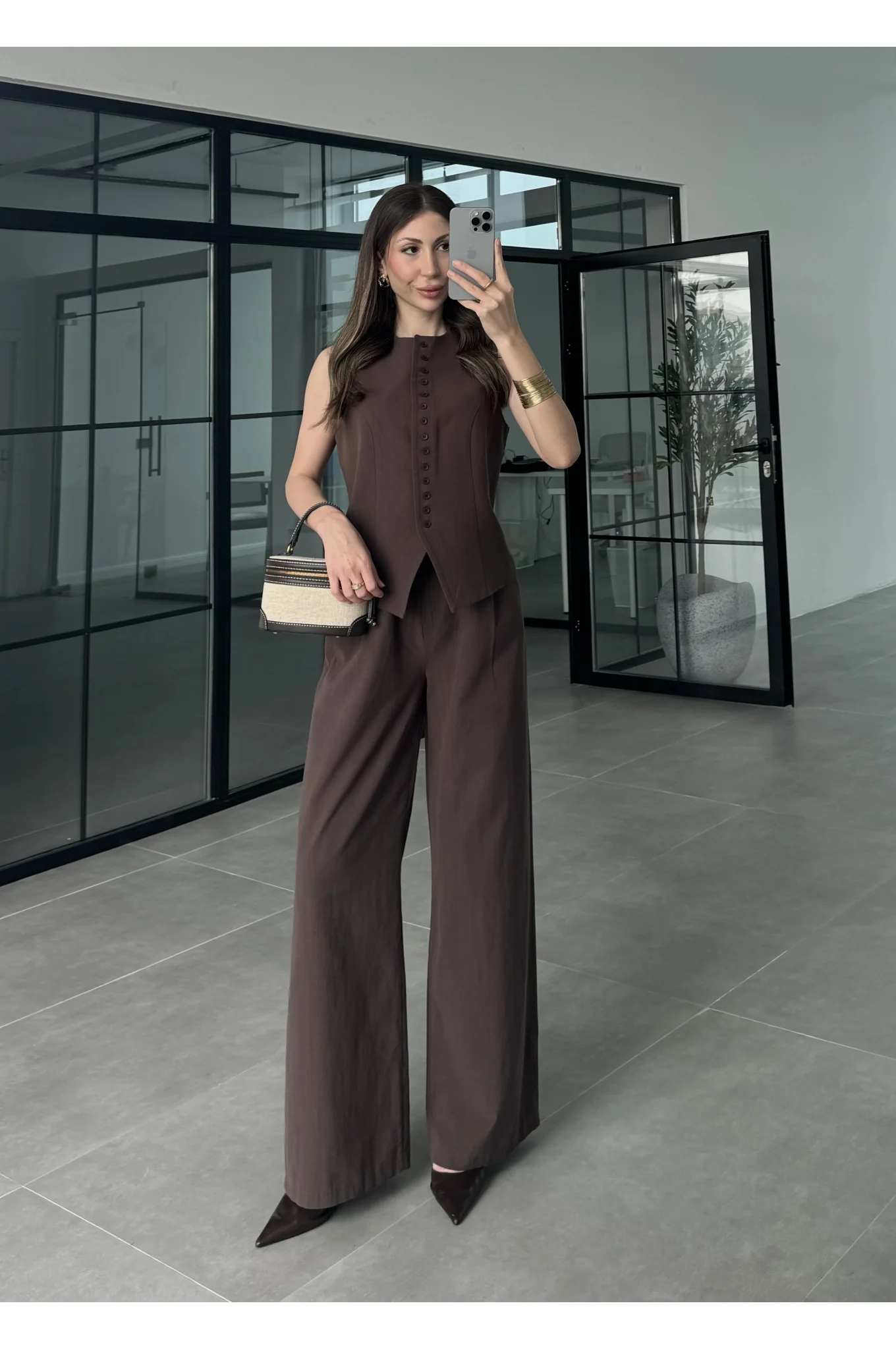 Düğmeli Fit Kahve Keten Takım