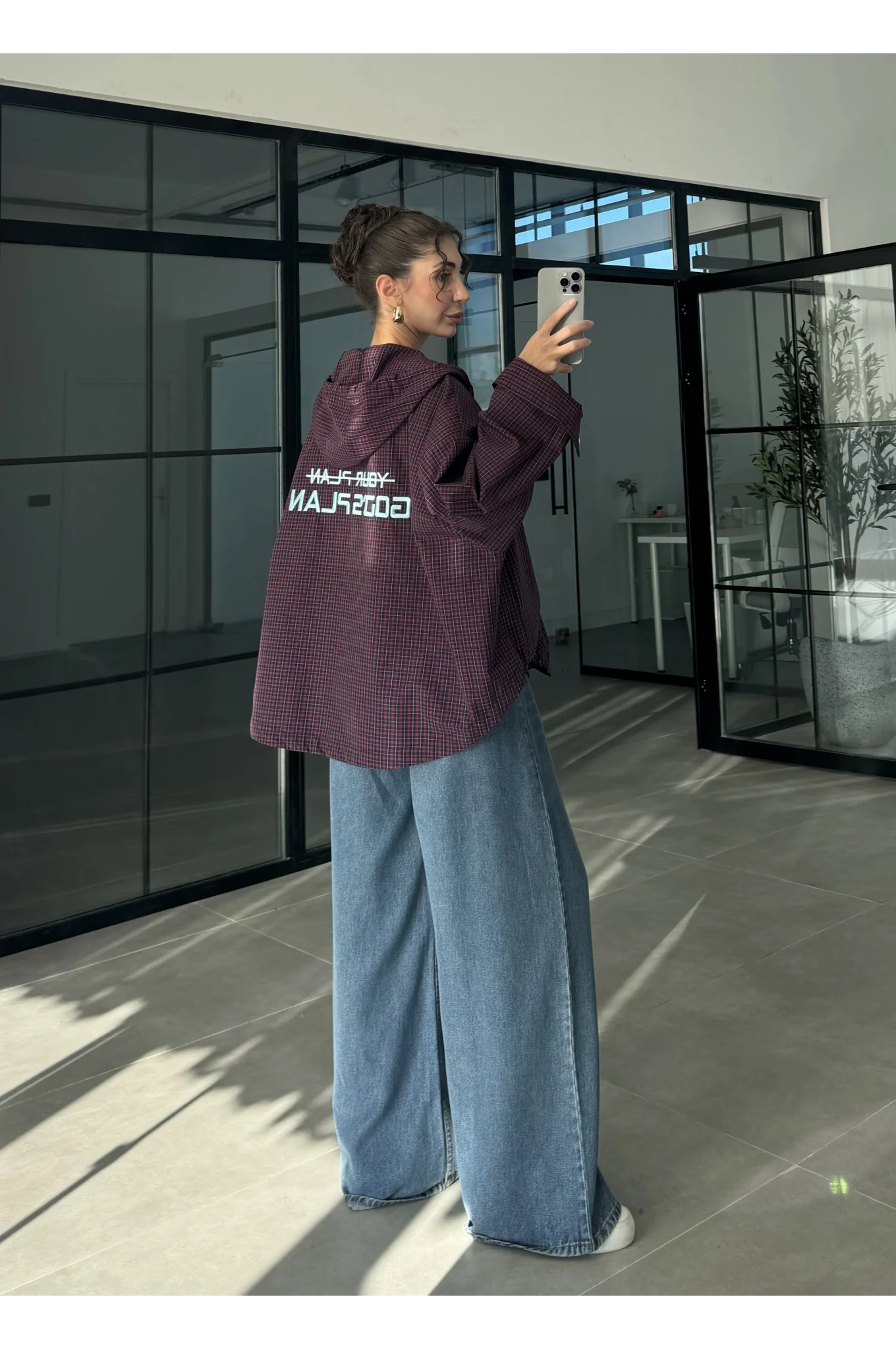 Ekose Bordo Sırtı Nakışlı Oversize Ceket