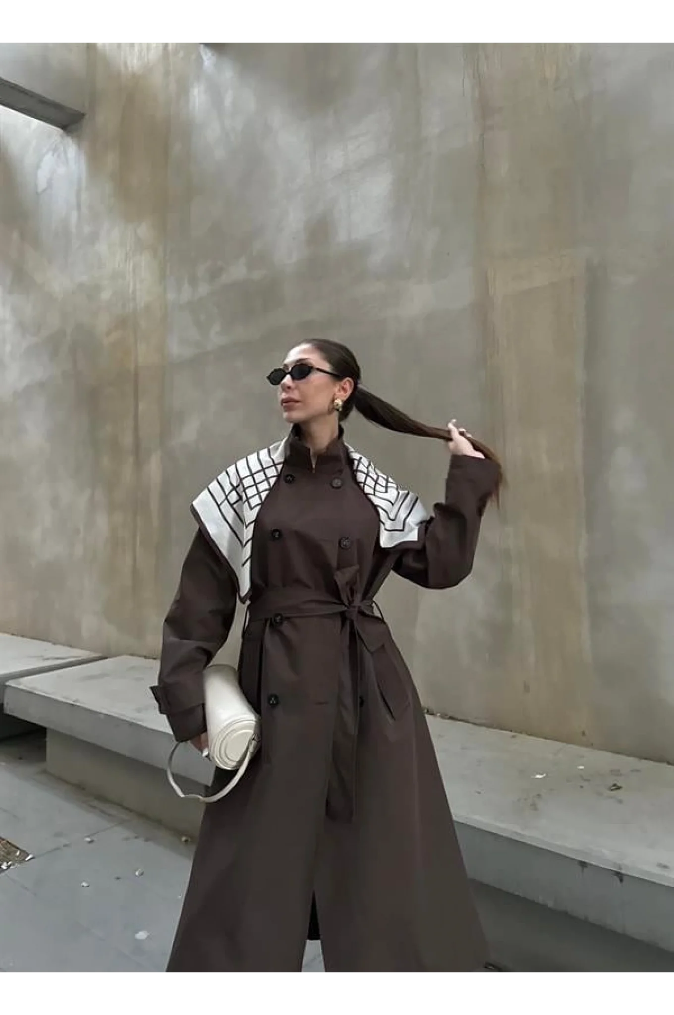 Fularlı Oversize Premium Kahve Trençkot