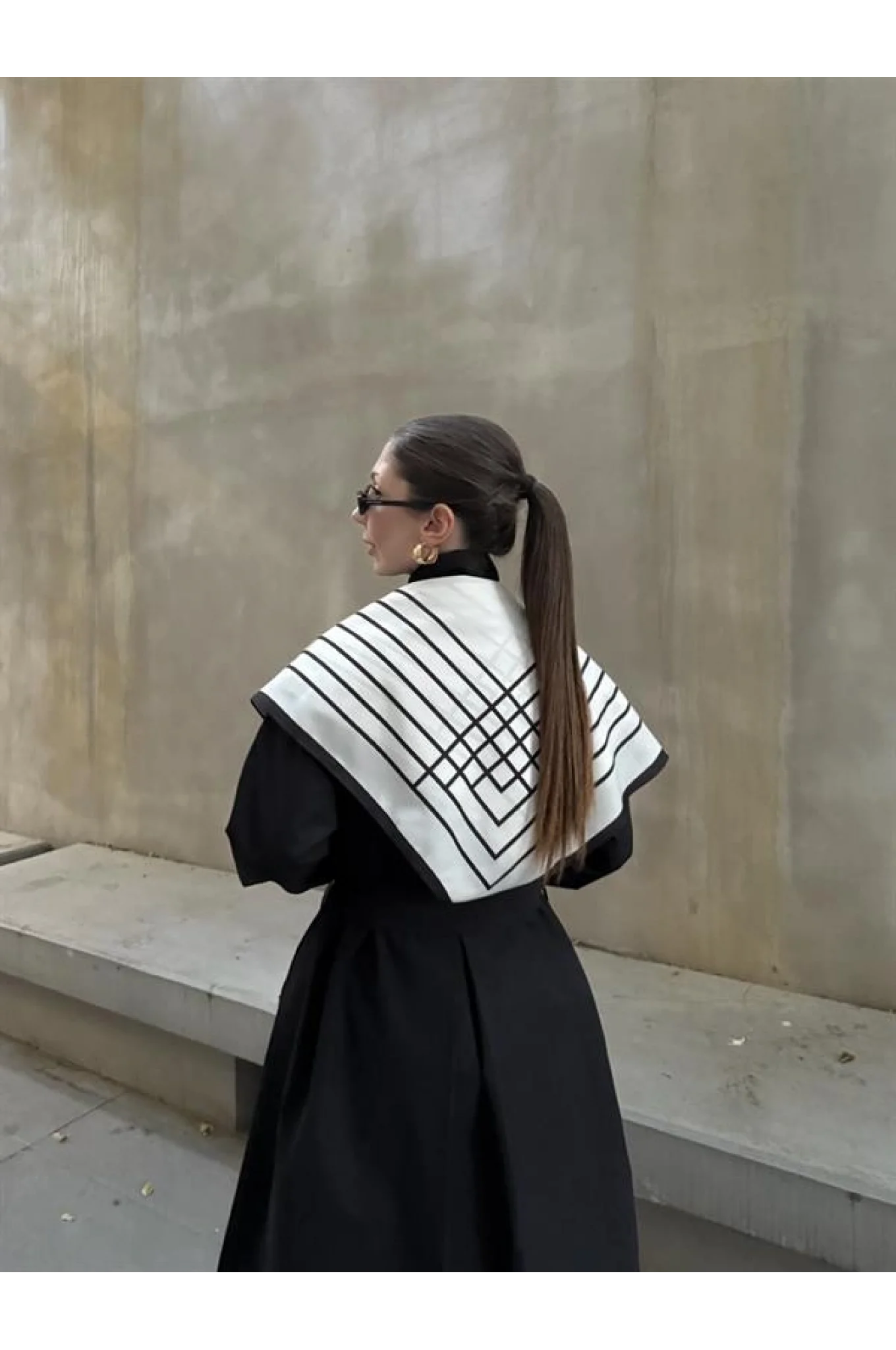 Fularlı Oversize Premium Siyah  Trençkot