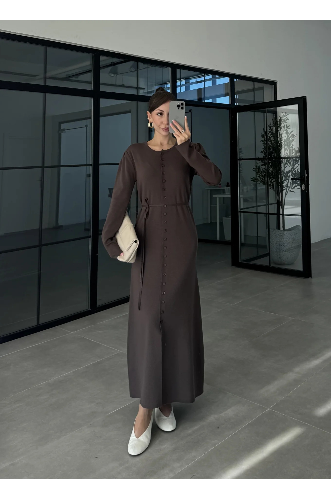 Gömlek Model Kuşaklı Kahve Triko Elbise