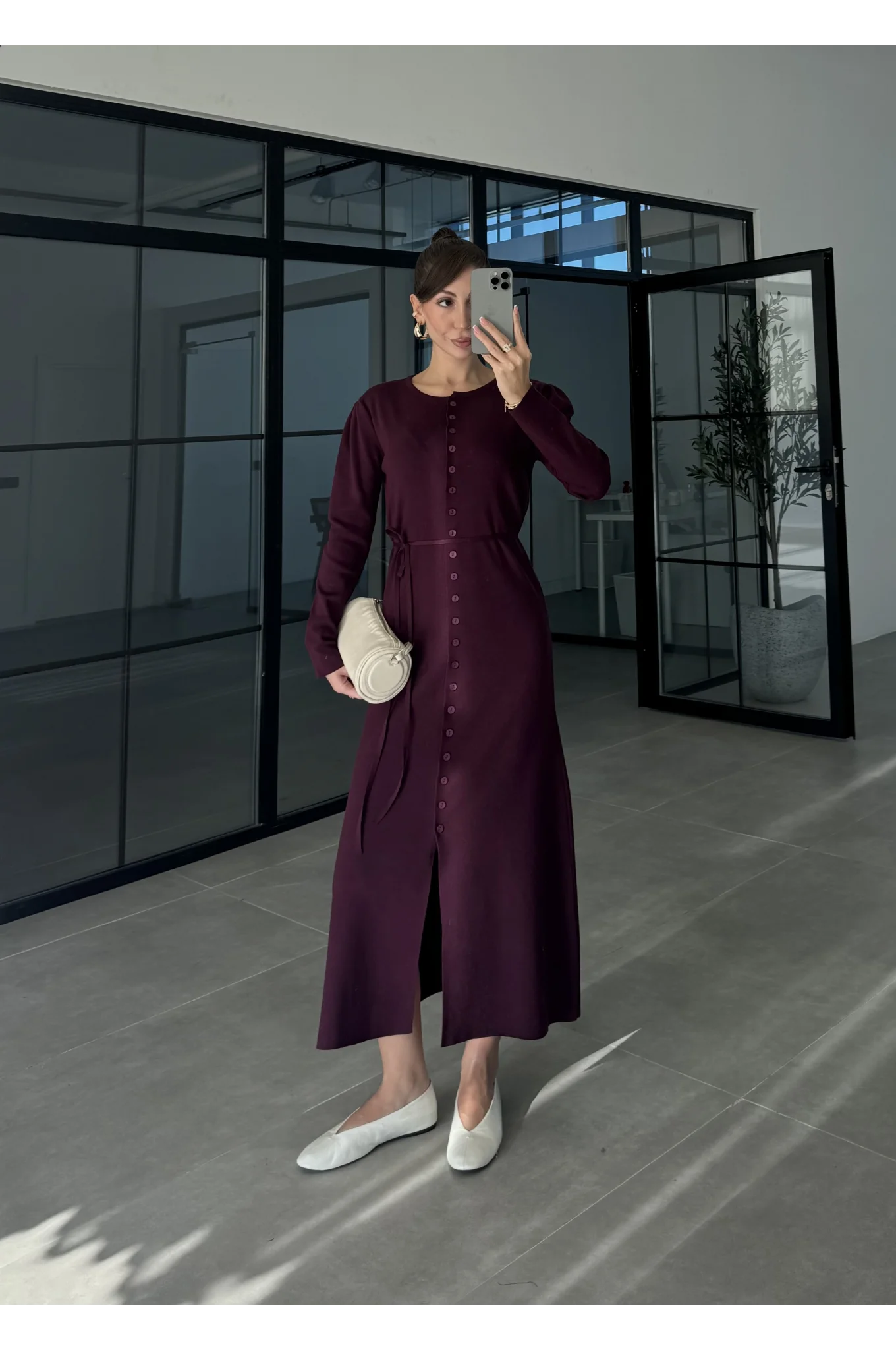 Gömlek Model Kuşaklı Mürdüm Triko Elbise
