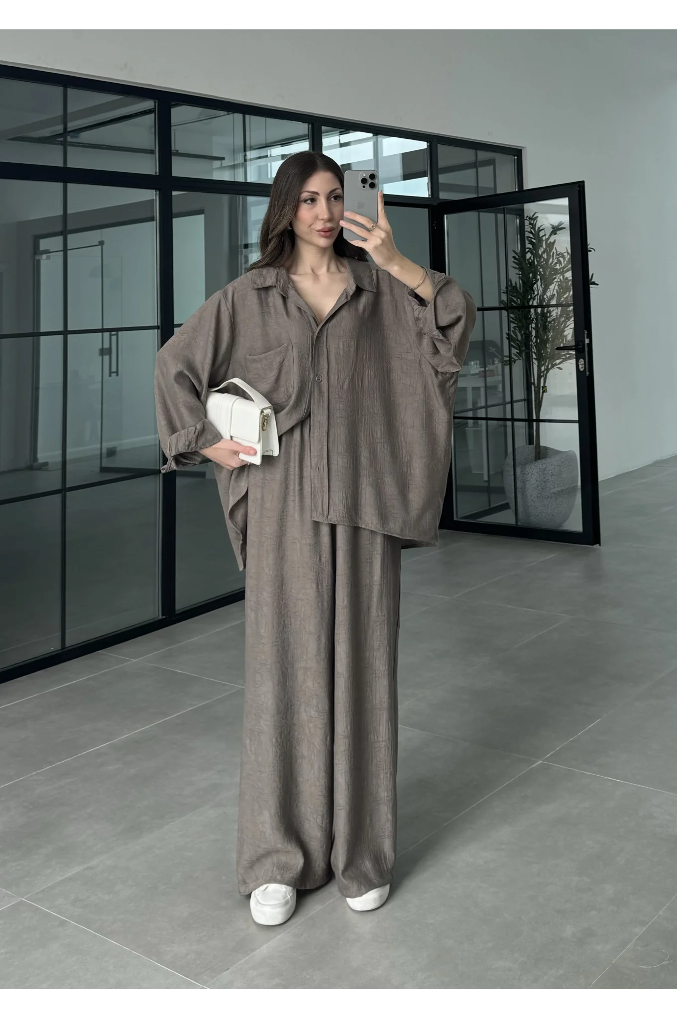 İthal Kumaş Desenli Oversize Duman Gömlek Takım