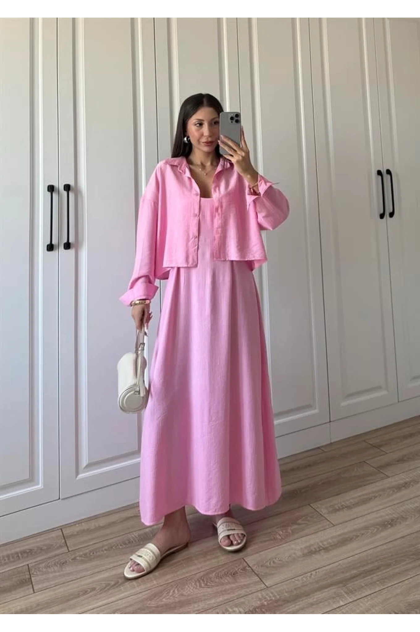 İthal Kumaş Premium Askılı Pembe Gömlek Elbise