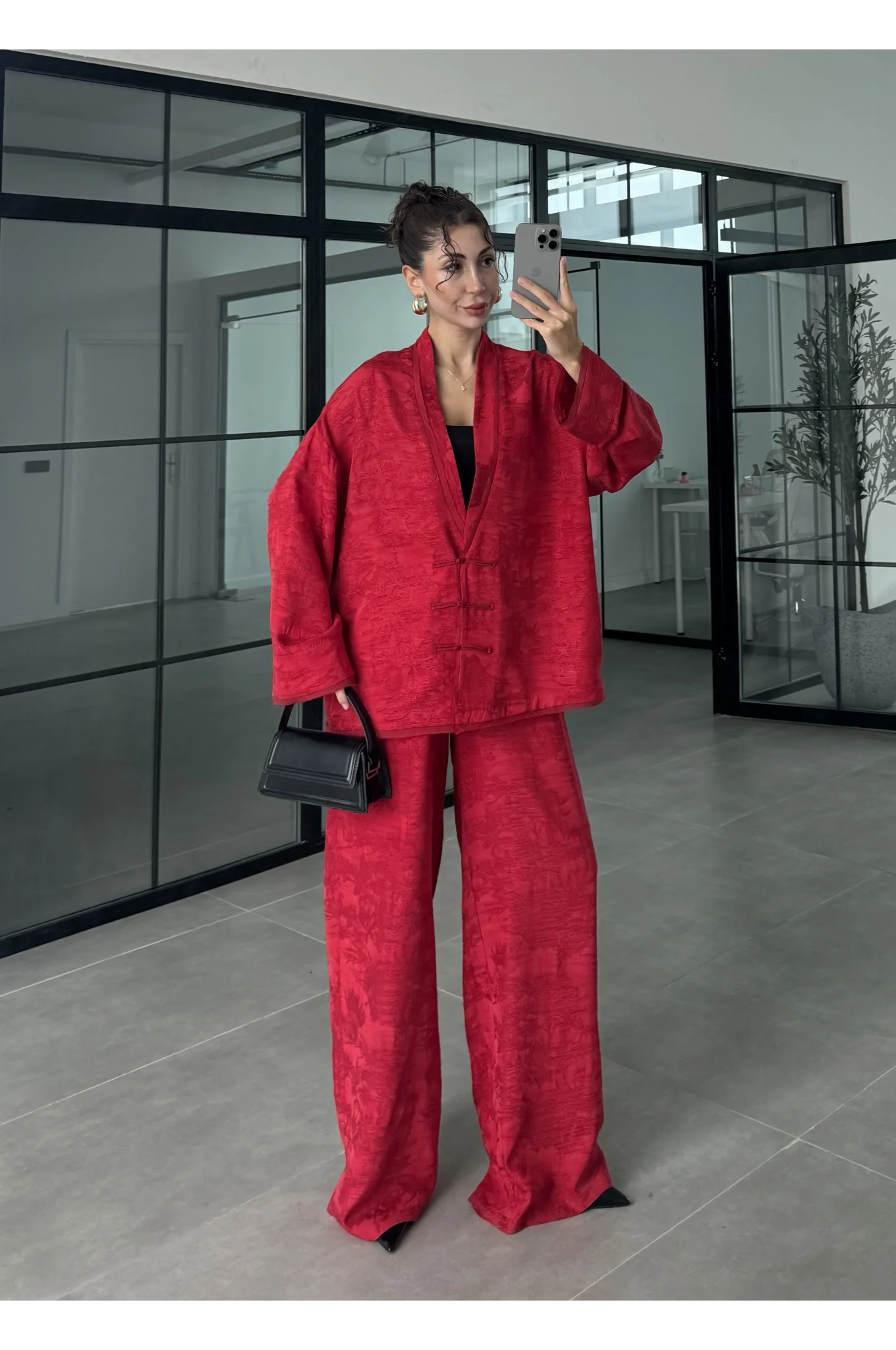 Jakarlı Kırmızı Kimono Takım