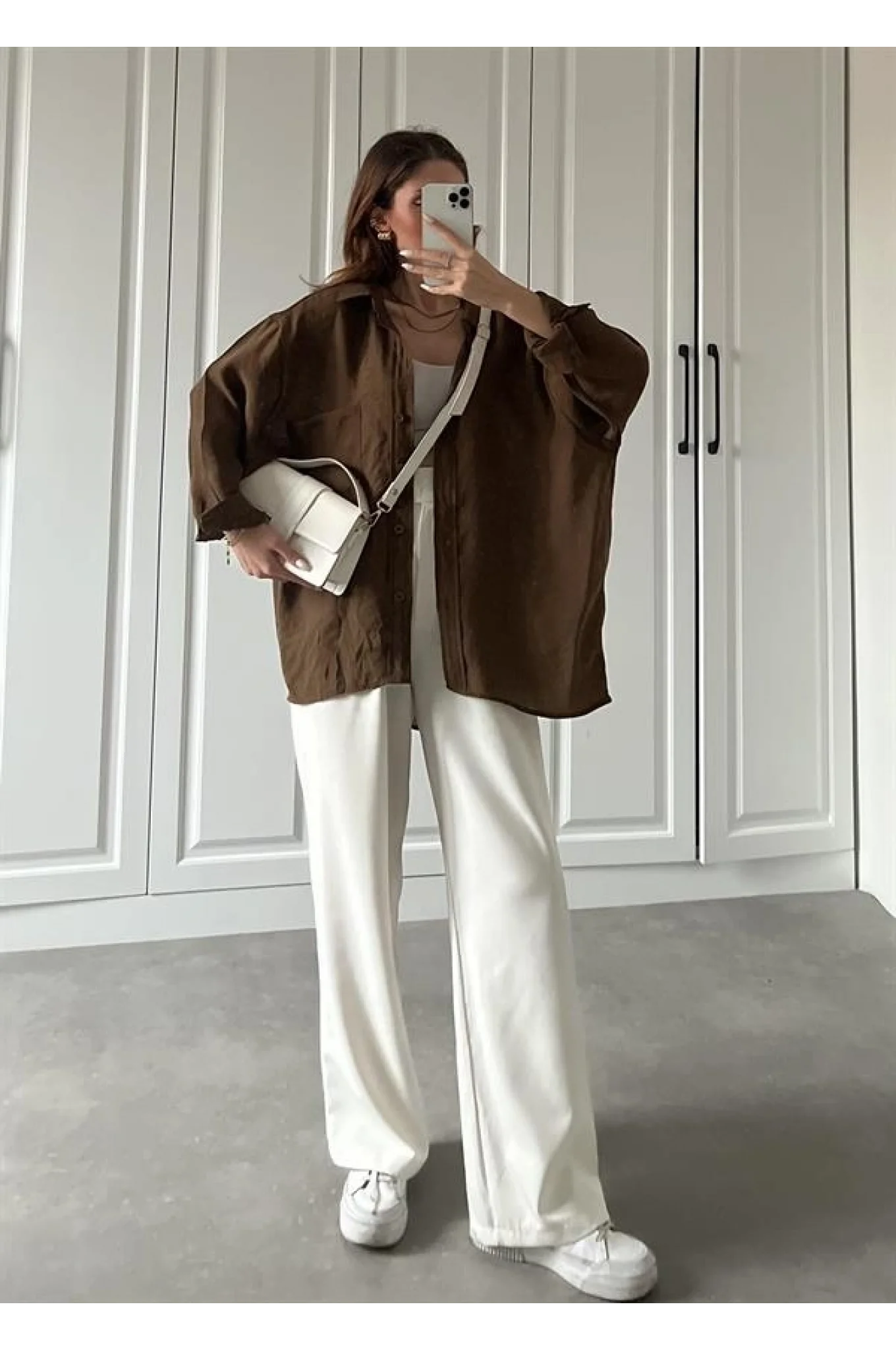 Kahve Oversize Tensel Gömlek