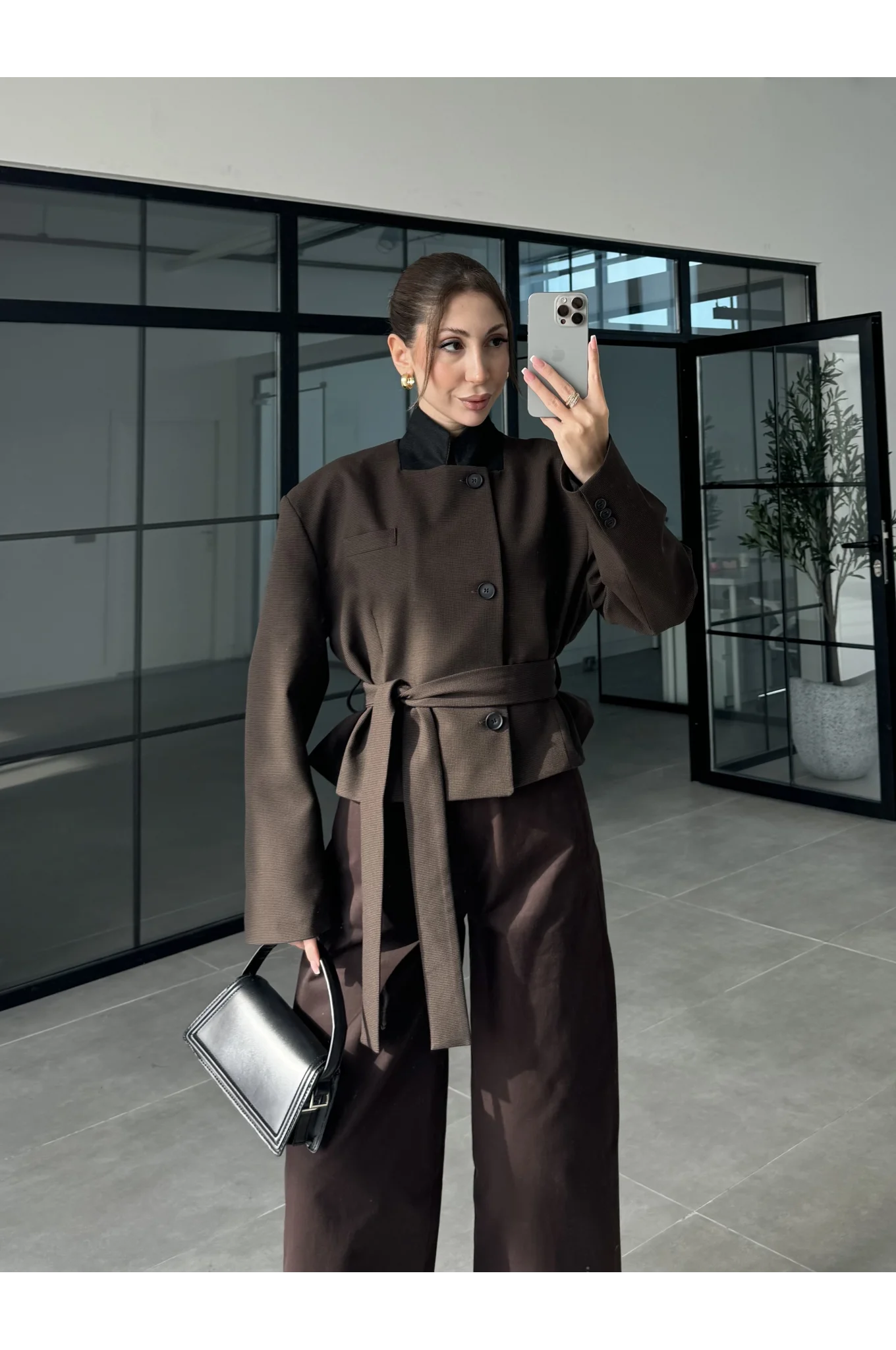 Kahve Vatkalı Kısa Blazer Ceket