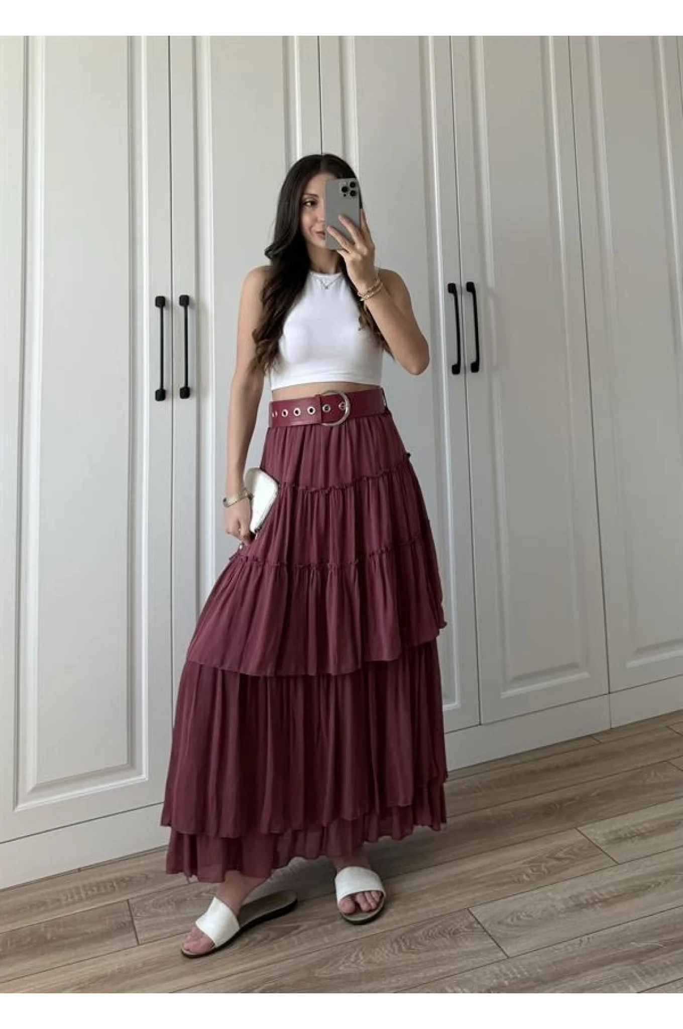Katlı Boho Vual Kemerli Bordo Etek