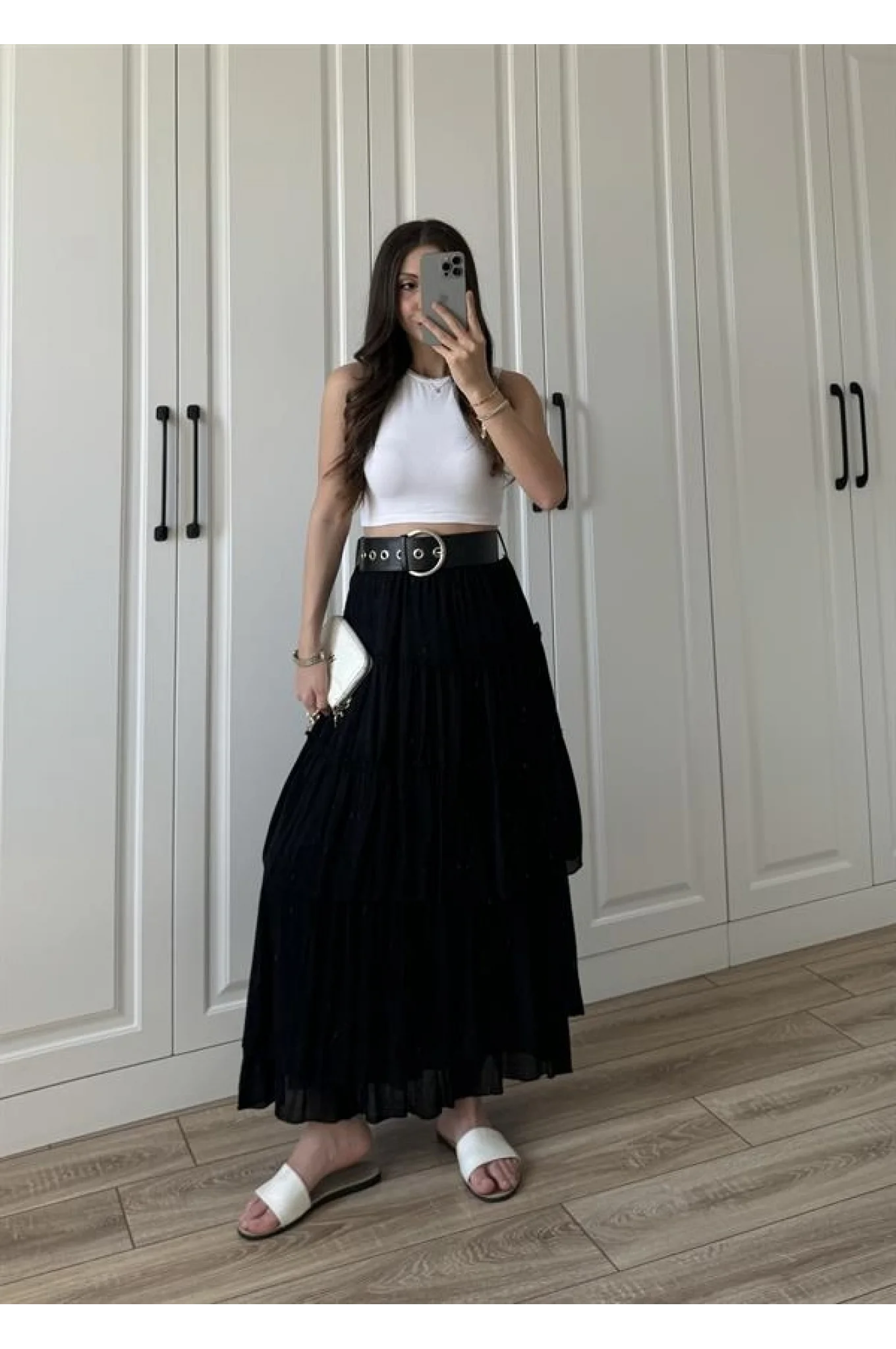 Katlı Boho Vual Kemerli Siyah Etek