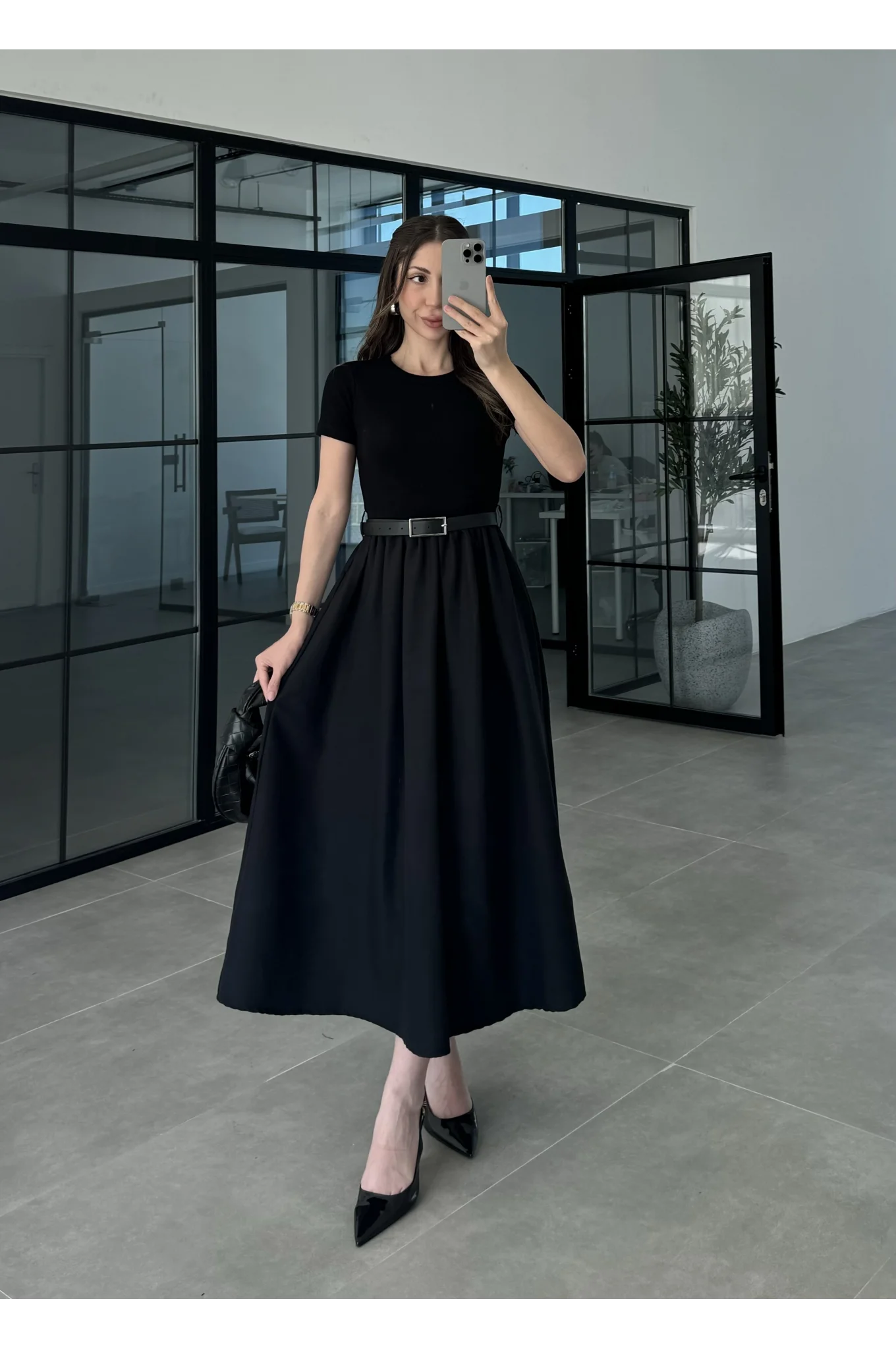 Kemerli Basic Siyah Elbise