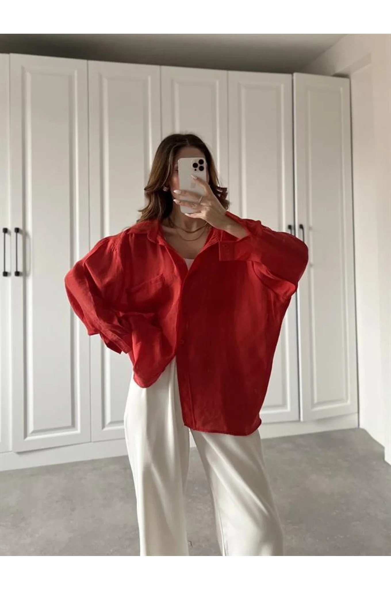 Kırmızı Oversize Tensel Gömlek