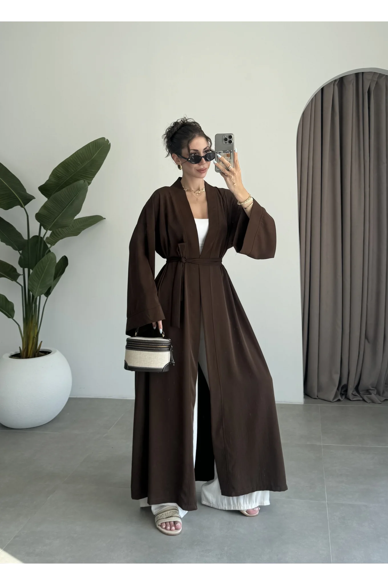 Kuşaklı Tam Boy Kahve Kimono