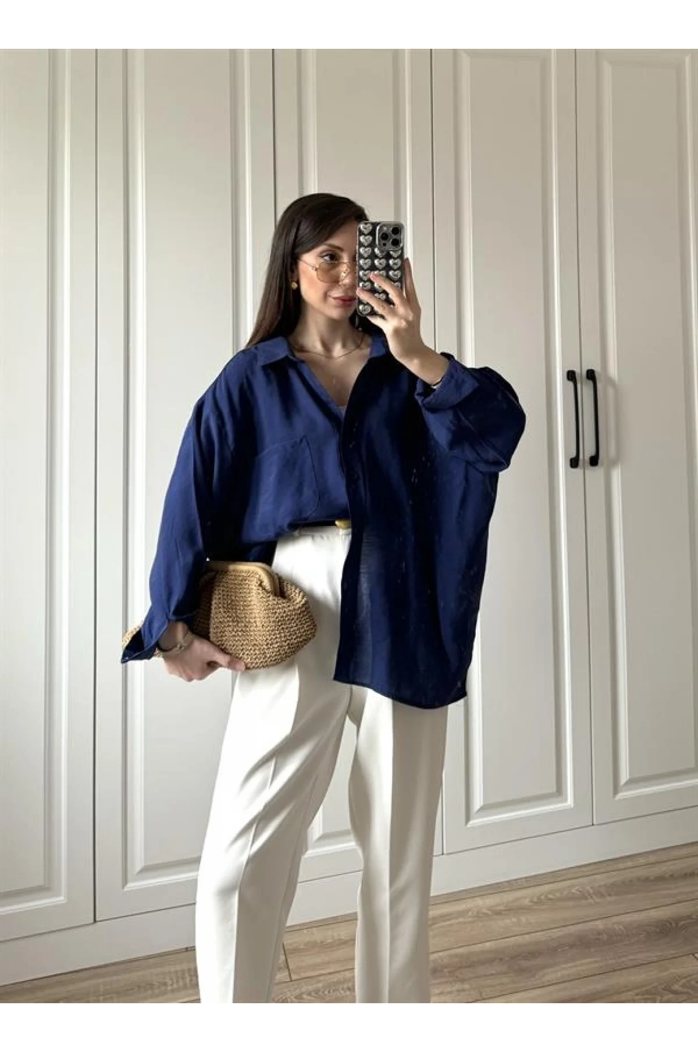 Lacivert Oversize Tensel Gömlek