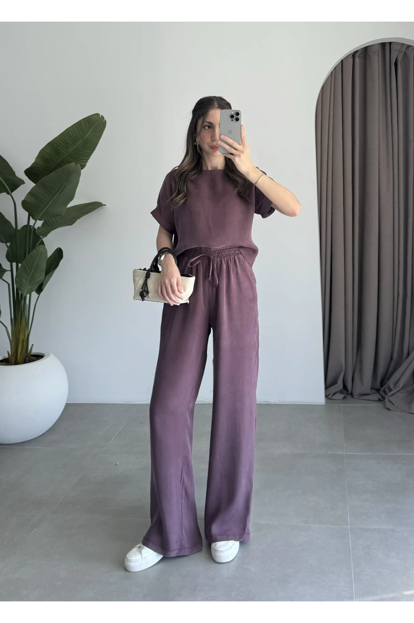 Lea Tensel Bordo Basic Bluz Takım