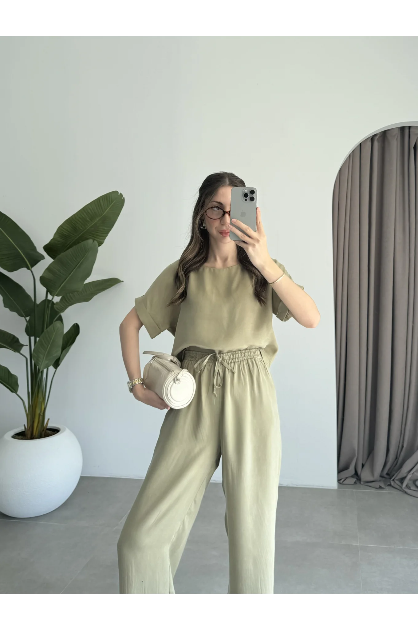 Lea Tensel Haki Basic Bluz Takım