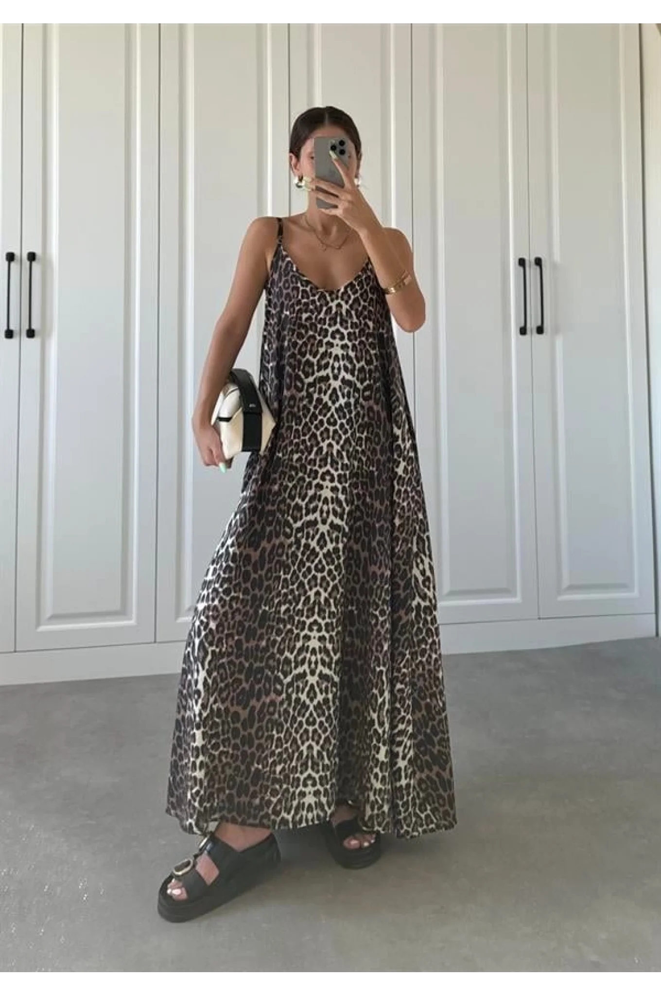 Leopar Askılı Oversize Elbise
