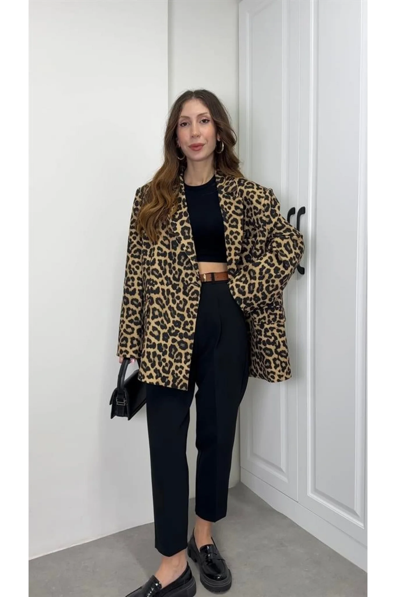 Leopar Astarlı Oversize Blazer Ceket