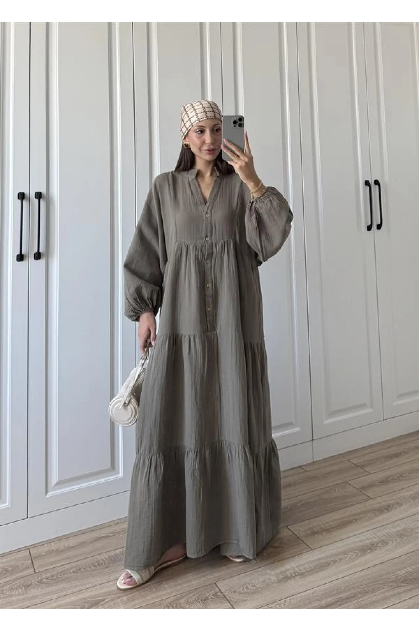 Müslin Kumaş Oversize Haki Elbise