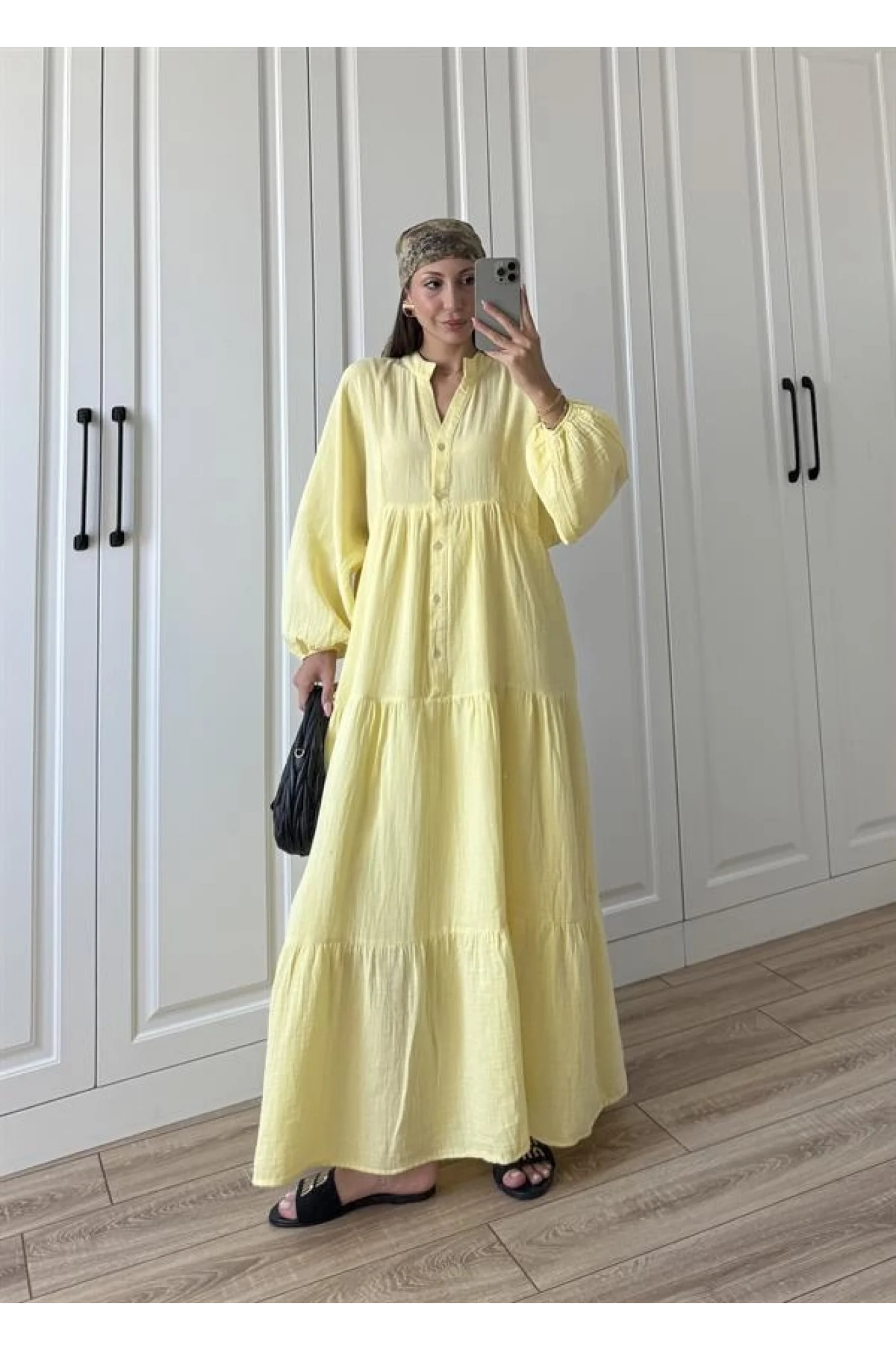 Müslin Kumaş Oversize Sarı Elbise