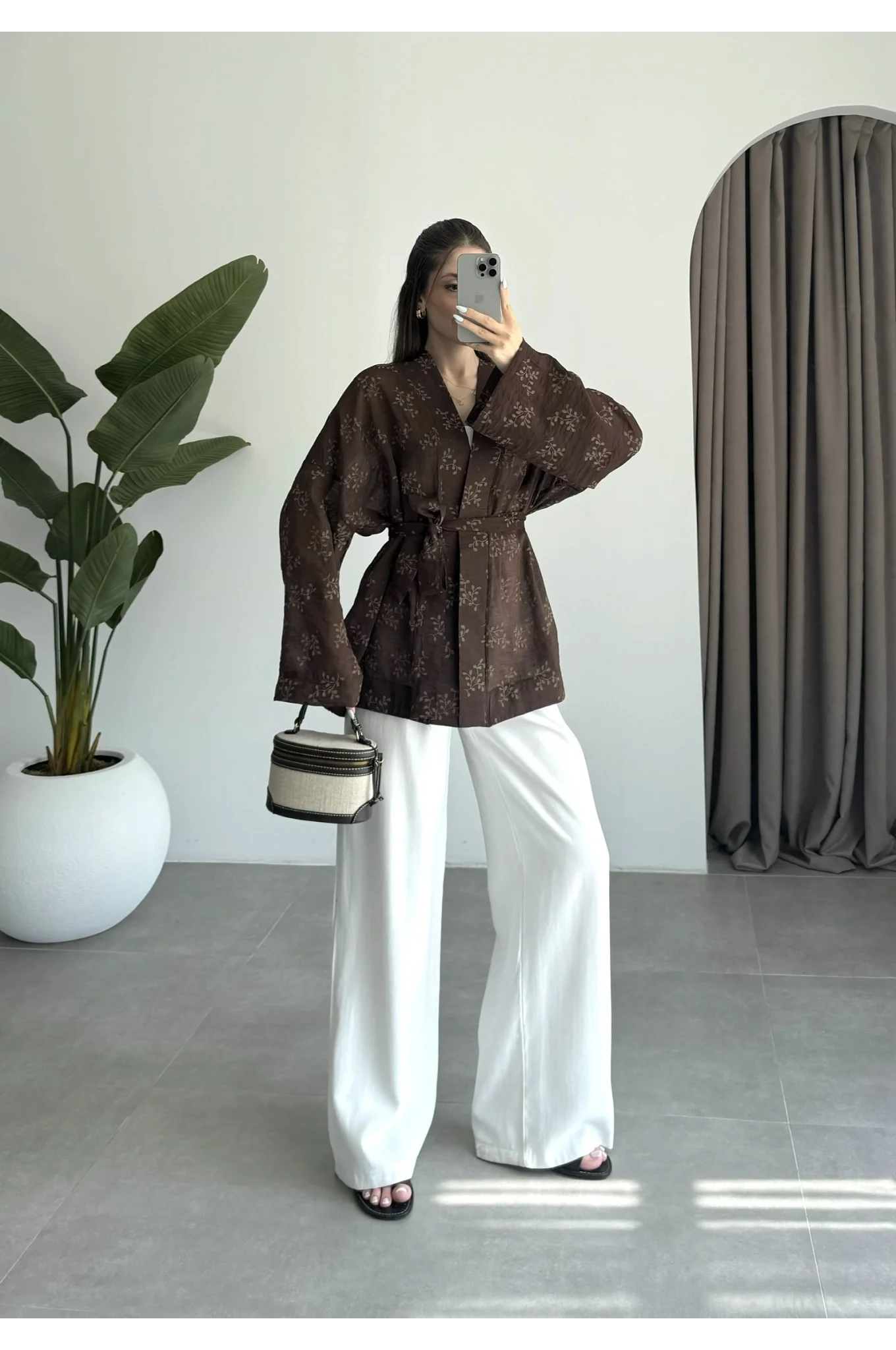 Nakış Baskılı Kuşaklı Kahve Kimono