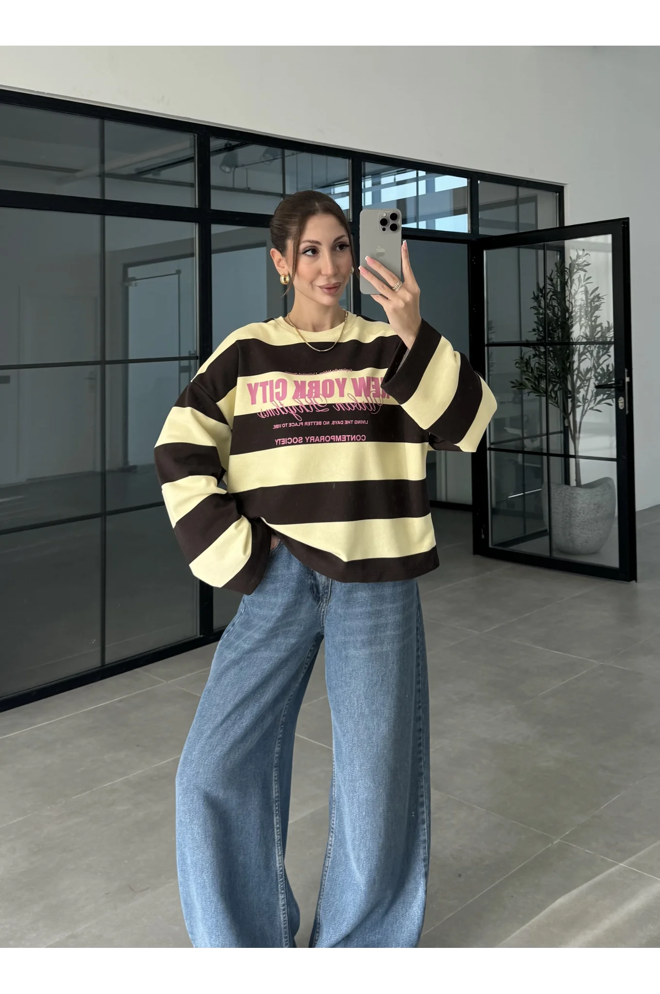 New York Sarı Çizgili Sweatshirt