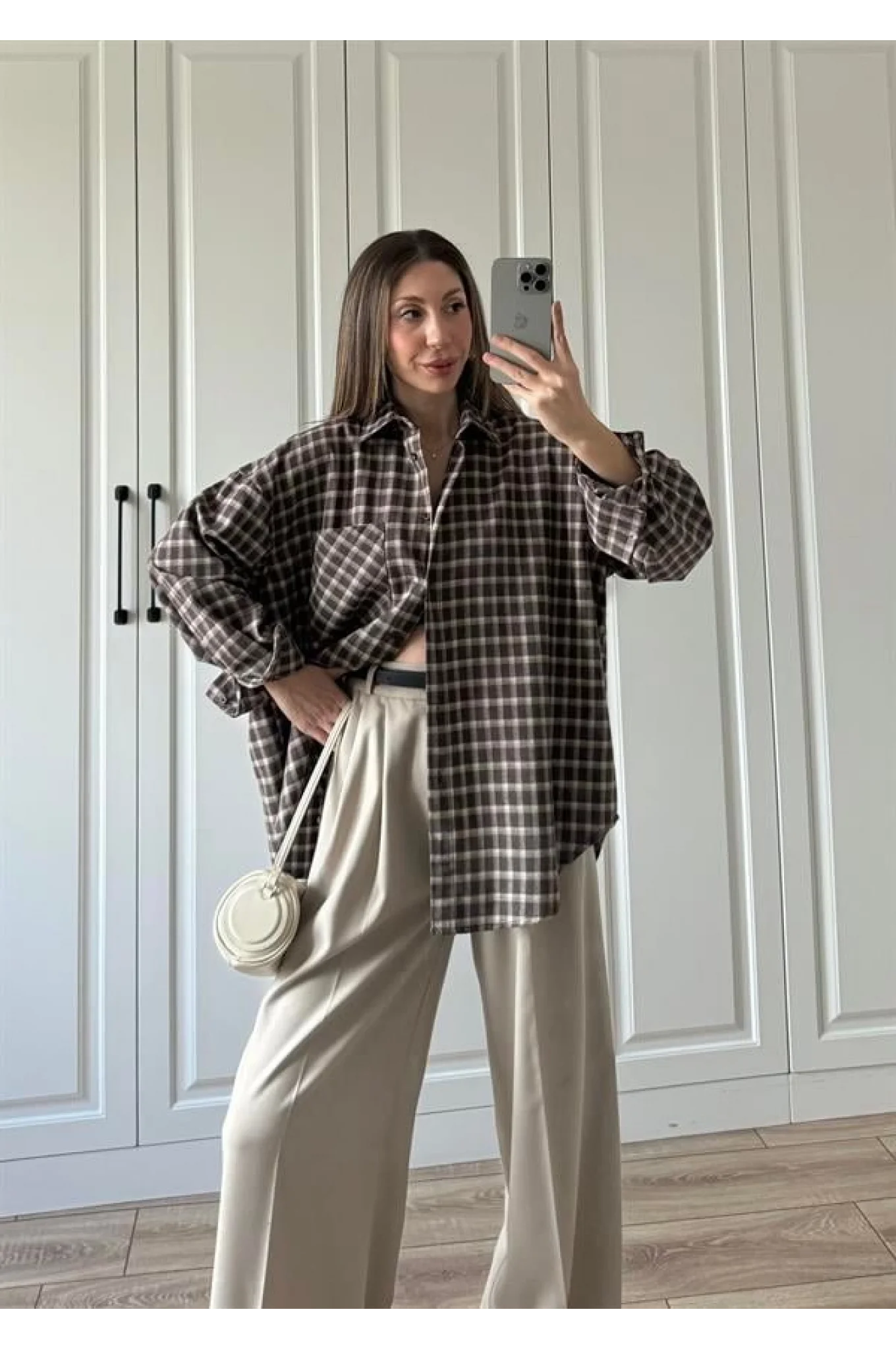 Noble Oversize Acı Kahve Kare Ekose Gömlek