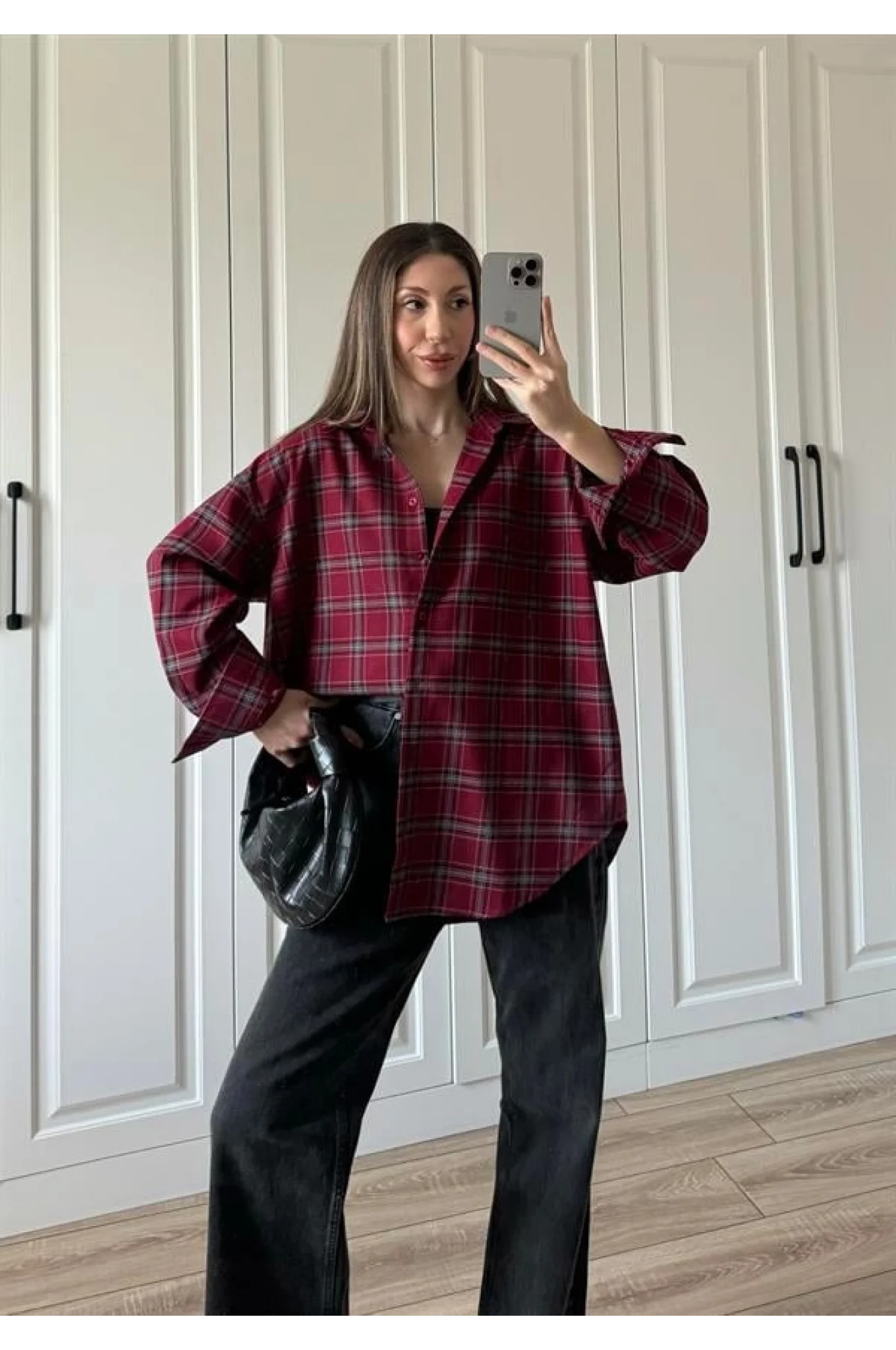 Noble Oversize Bordo Ekose Gömlek