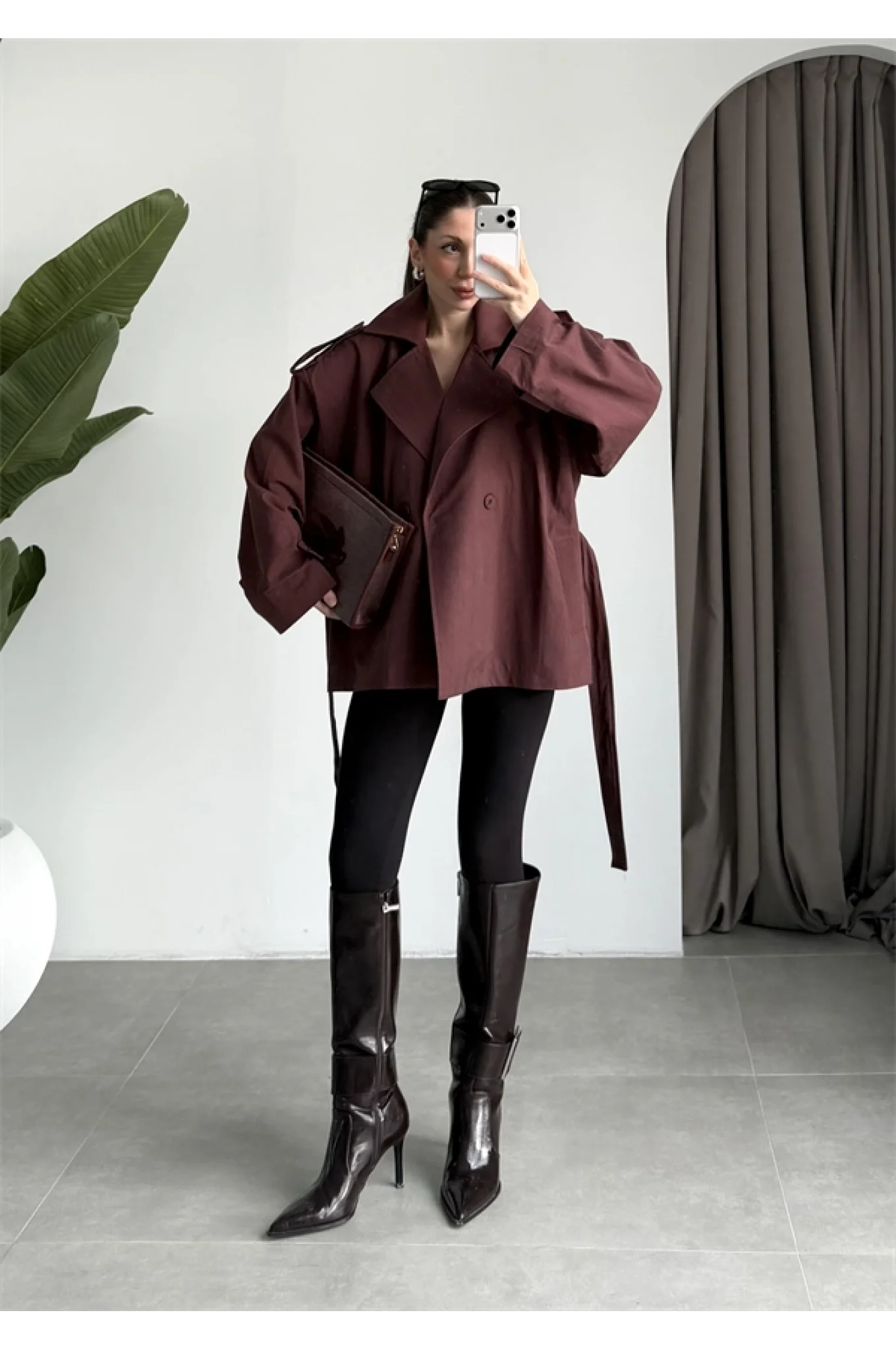 Nuve Premium Astarlı Bordo Trençkot