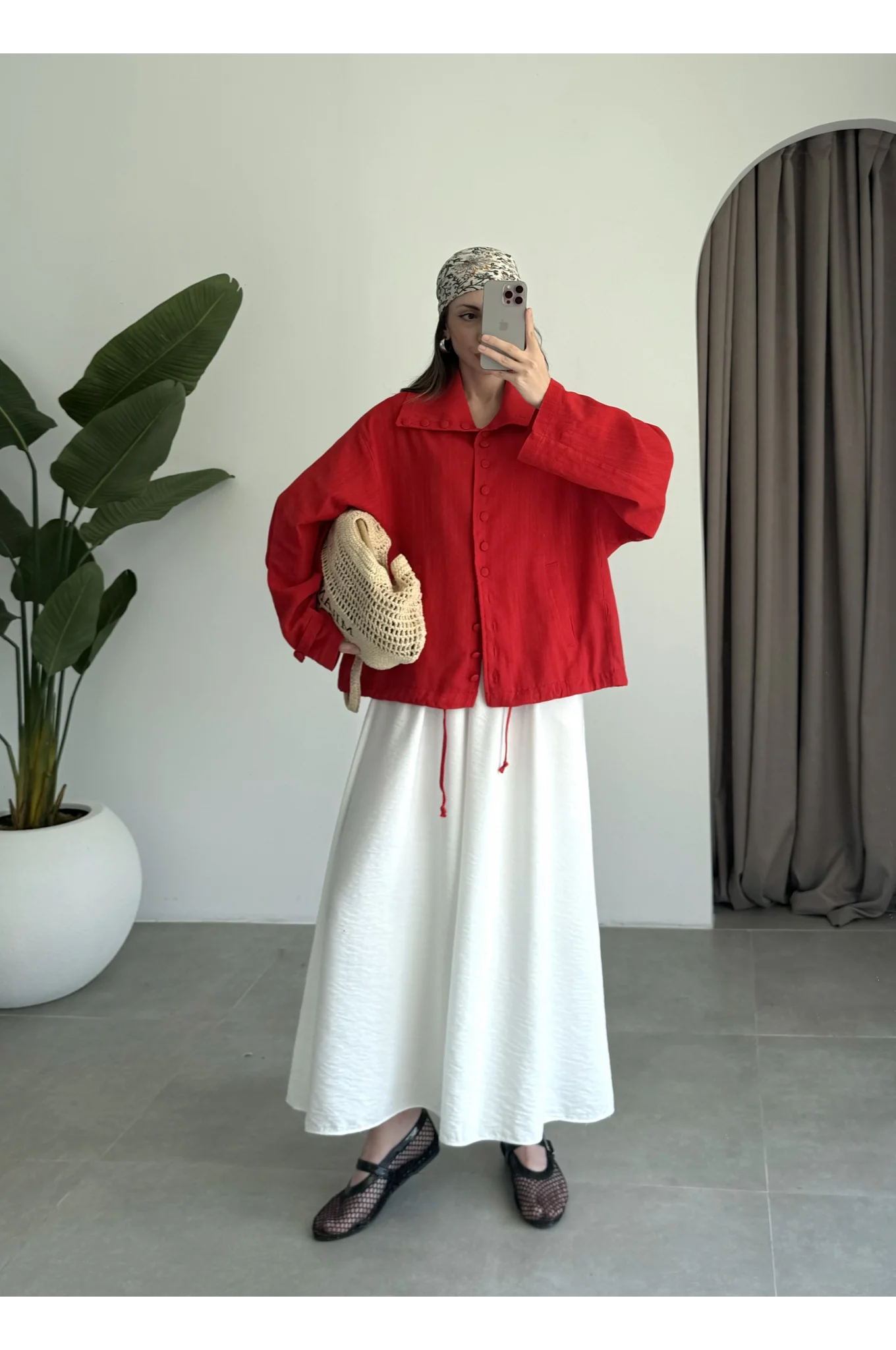 Oversize Düğme Detaylı Keten Kırmızı Ceket
