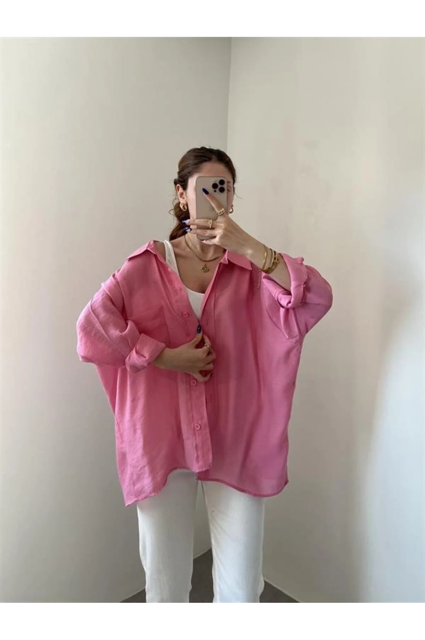 Pembe Oversize Tensel Gömlek