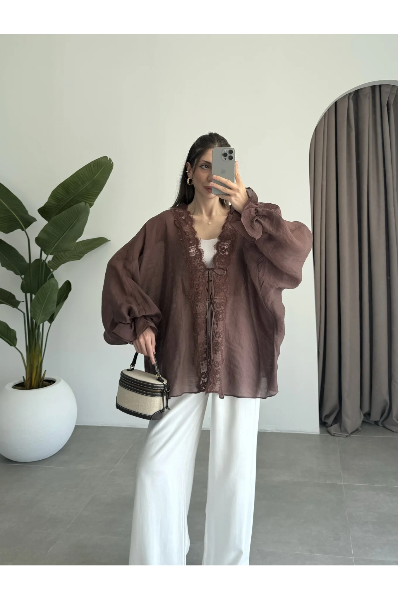 Pera Dantelli Koyu Kahve Kimono Gömlek
