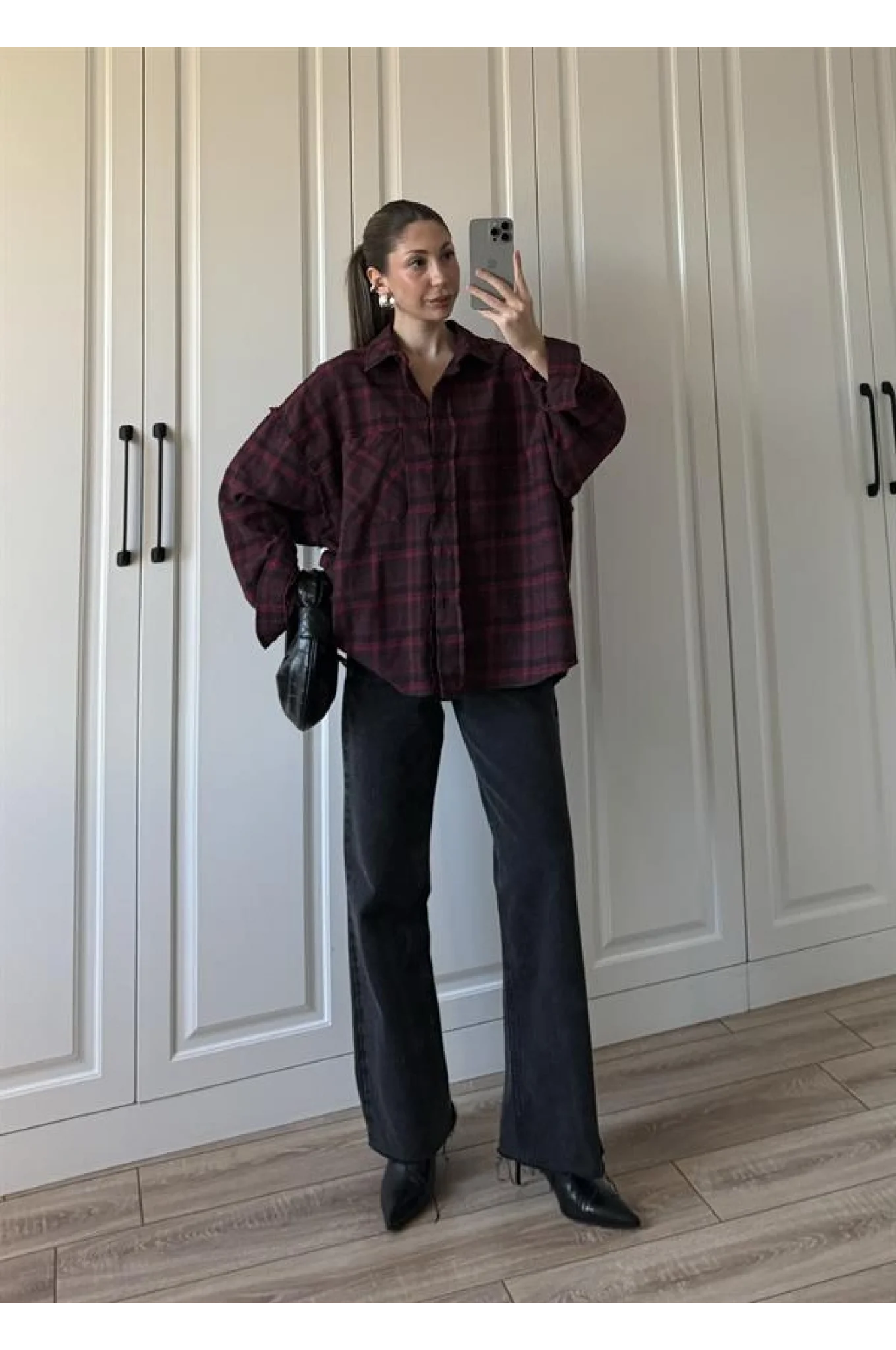 Pera Oversize Bordo Ekose Gömlek