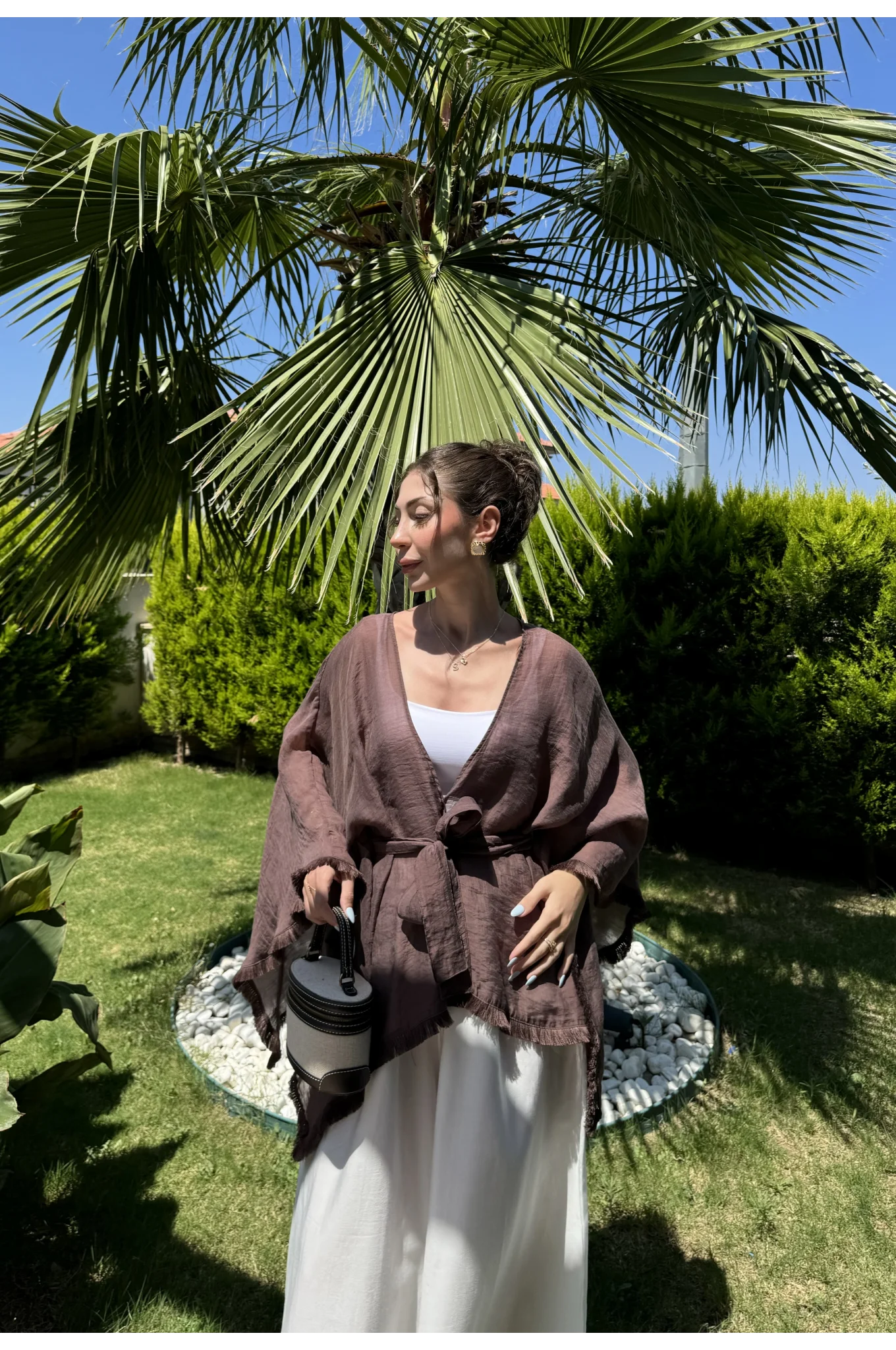 Püsküllü Kuşaklı Kahve Kimono