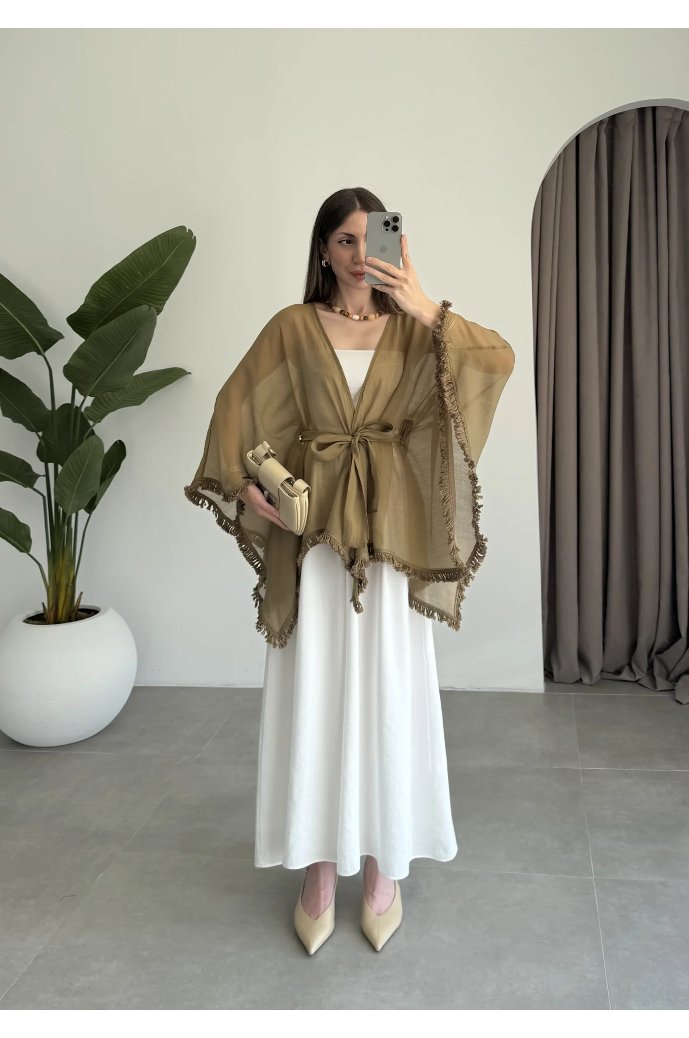 Püsküllü Kuşaklı Olive Kimono