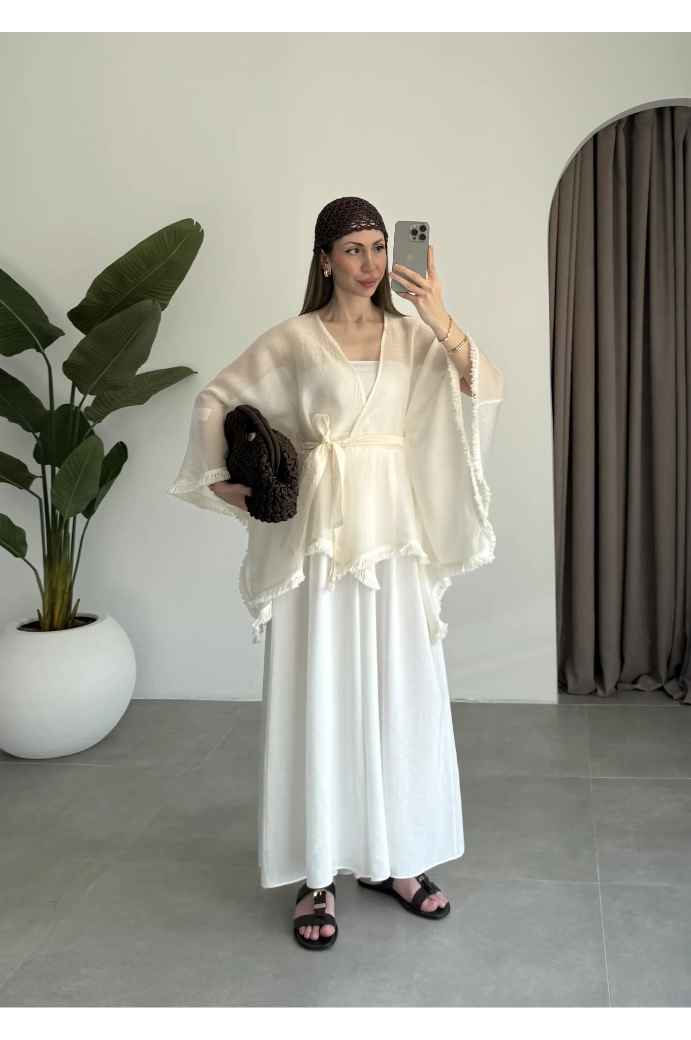 Püsküllü Kuşaklı Taş Kimono