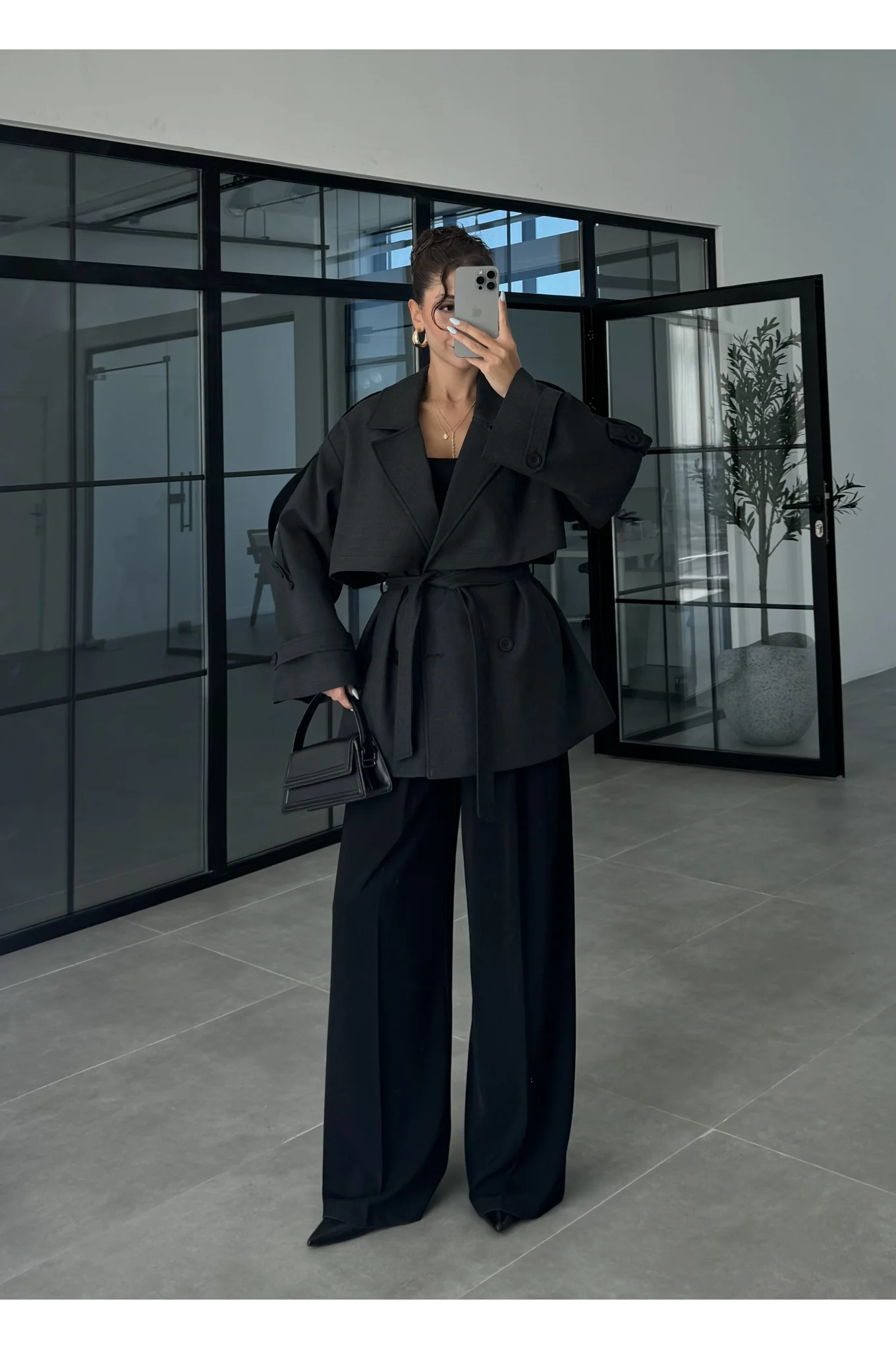 Rose Oversize Kuşaklı Antrasit Trençkot