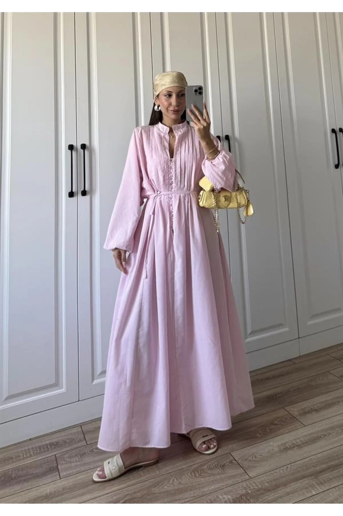 Safia Önü Düğmeli Astarlı Pembe Kuşaklı Elbise
