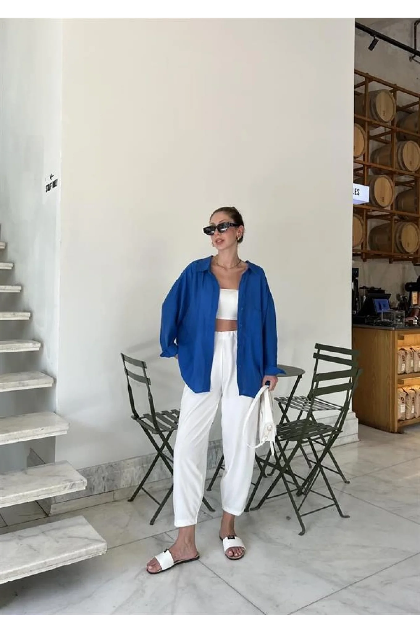 Saks Mavi Oversize Tensel Gömlek