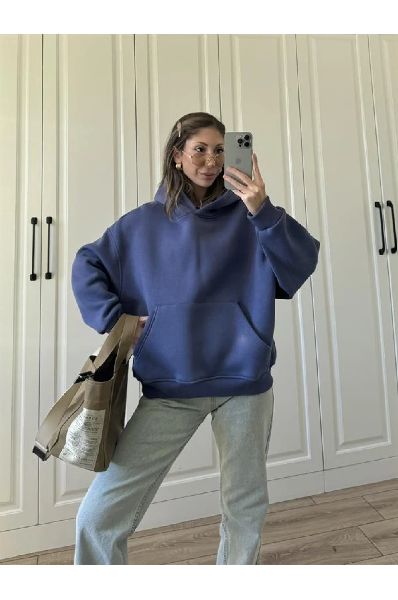 Şardonlu Oversize Mavi Sweatshirt