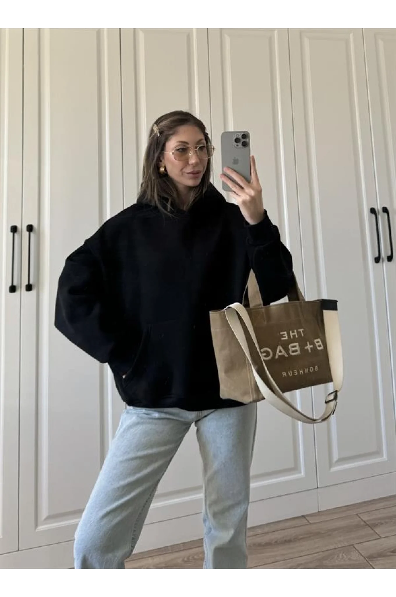 Şardonlu Oversize Siyah Sweatshirt
