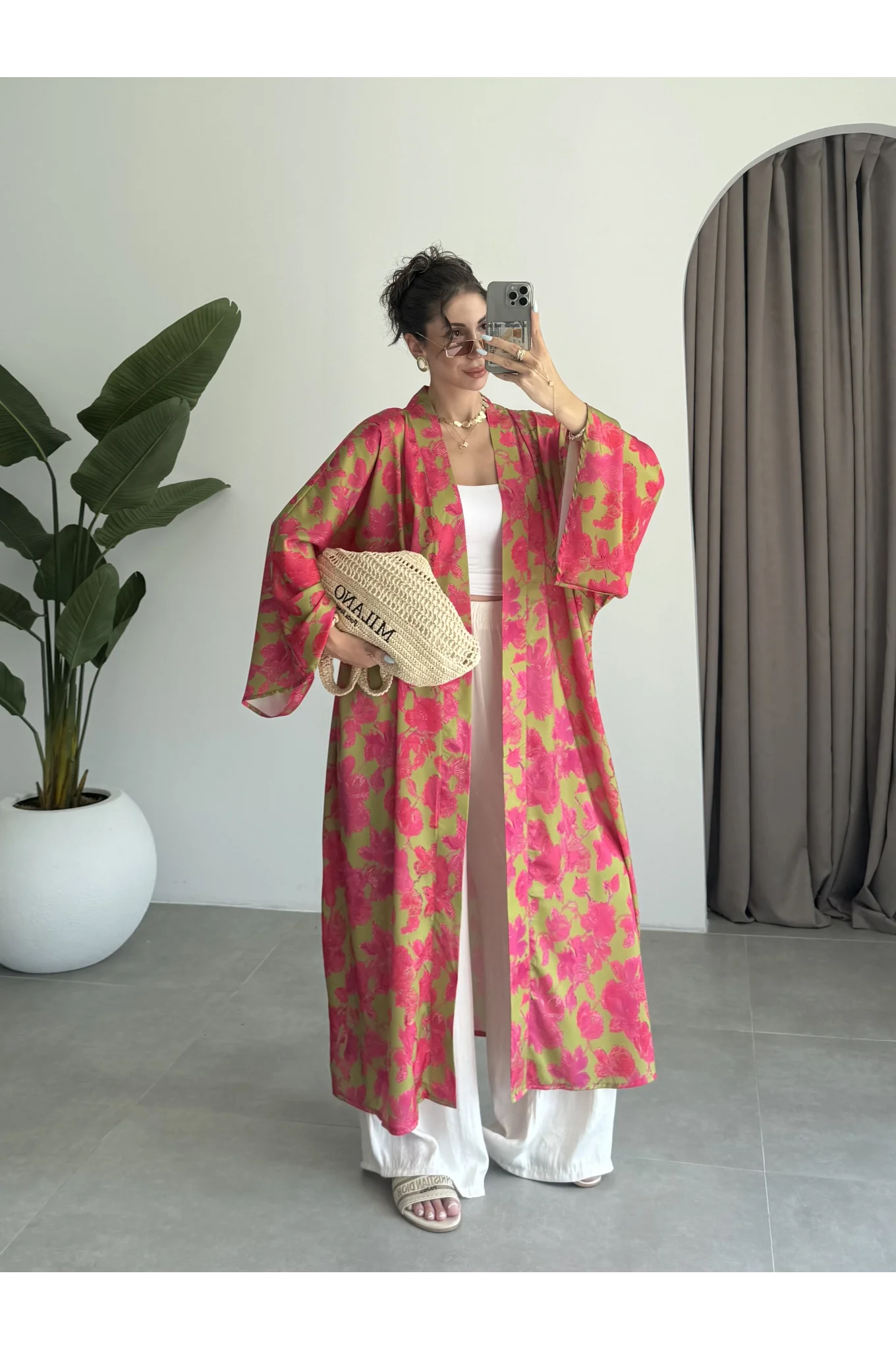 Saten İpek Desenli Pembe Kimono
