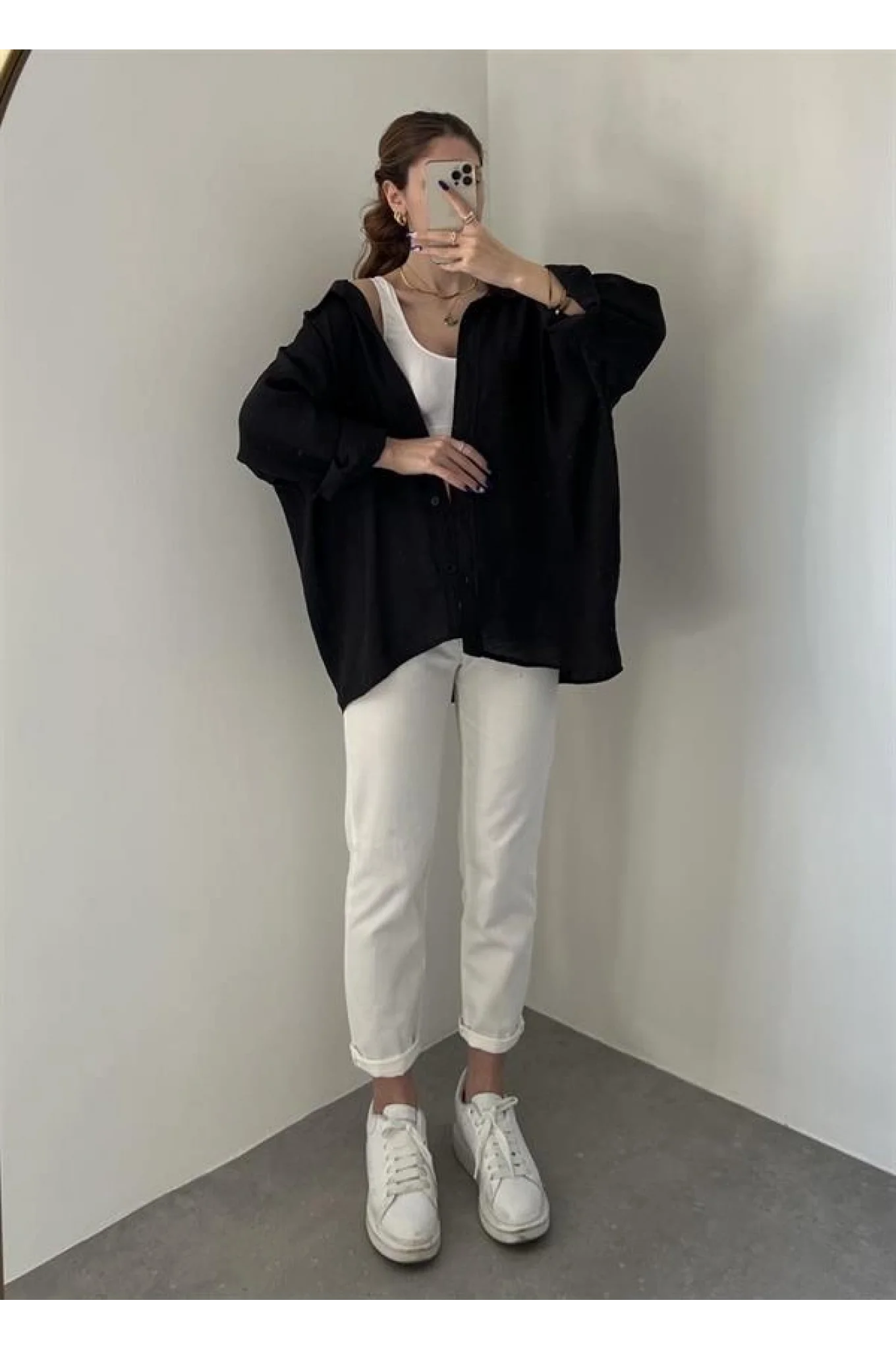 Siyah Oversize Tensel Gömlek