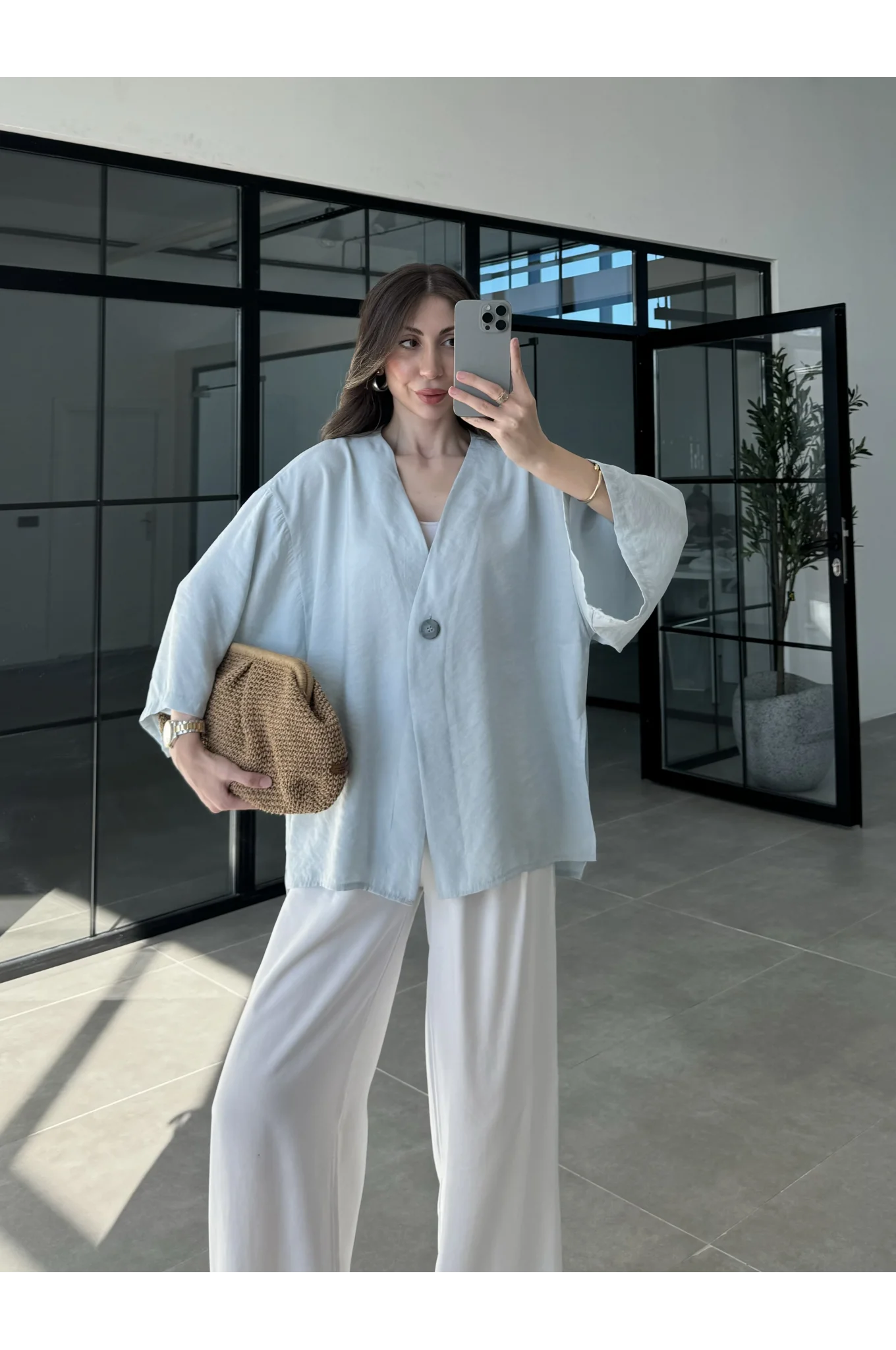 Sofi Tek Düğme Oversize Tensel Bebe Mavi Gömlek
