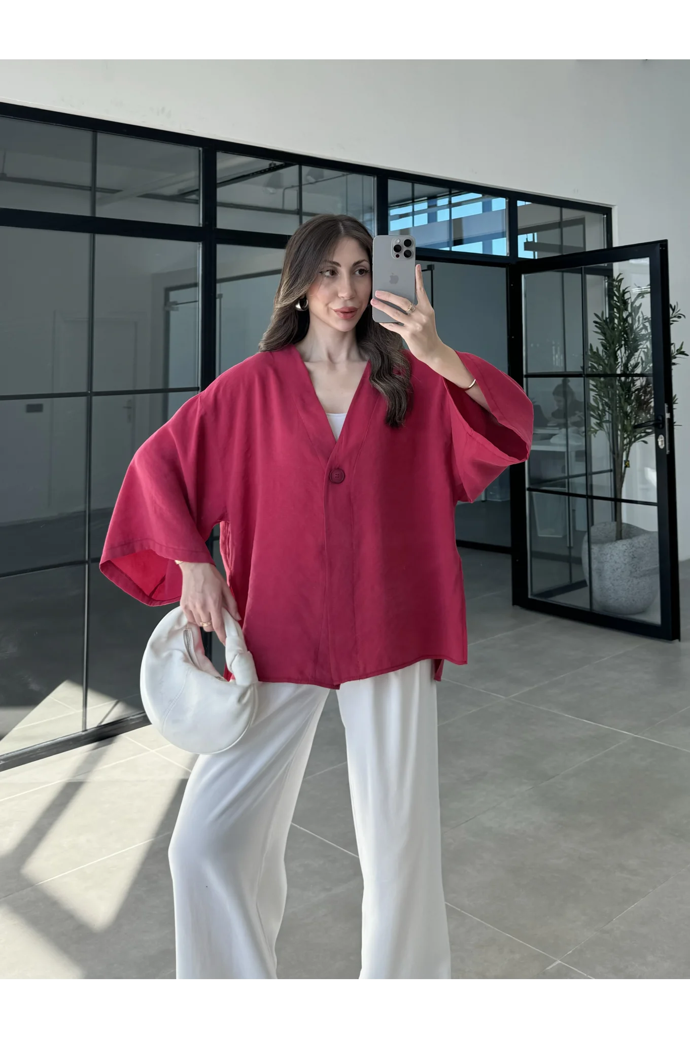 Sofi Tek Düğme Oversize Tensel Kırmızı Gömlek