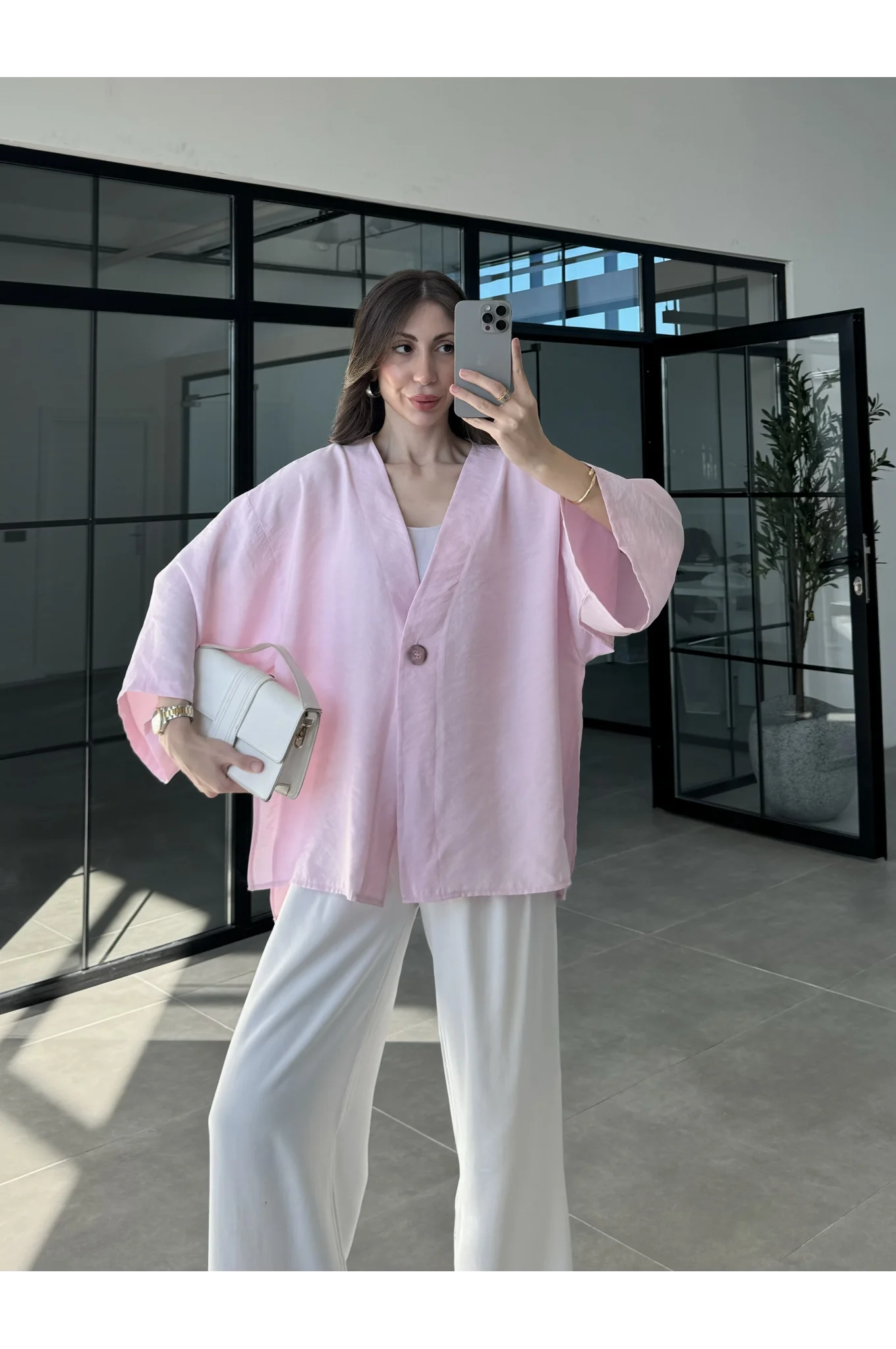 Sofi Tek Düğme Oversize Tensel Pembe Gömlek