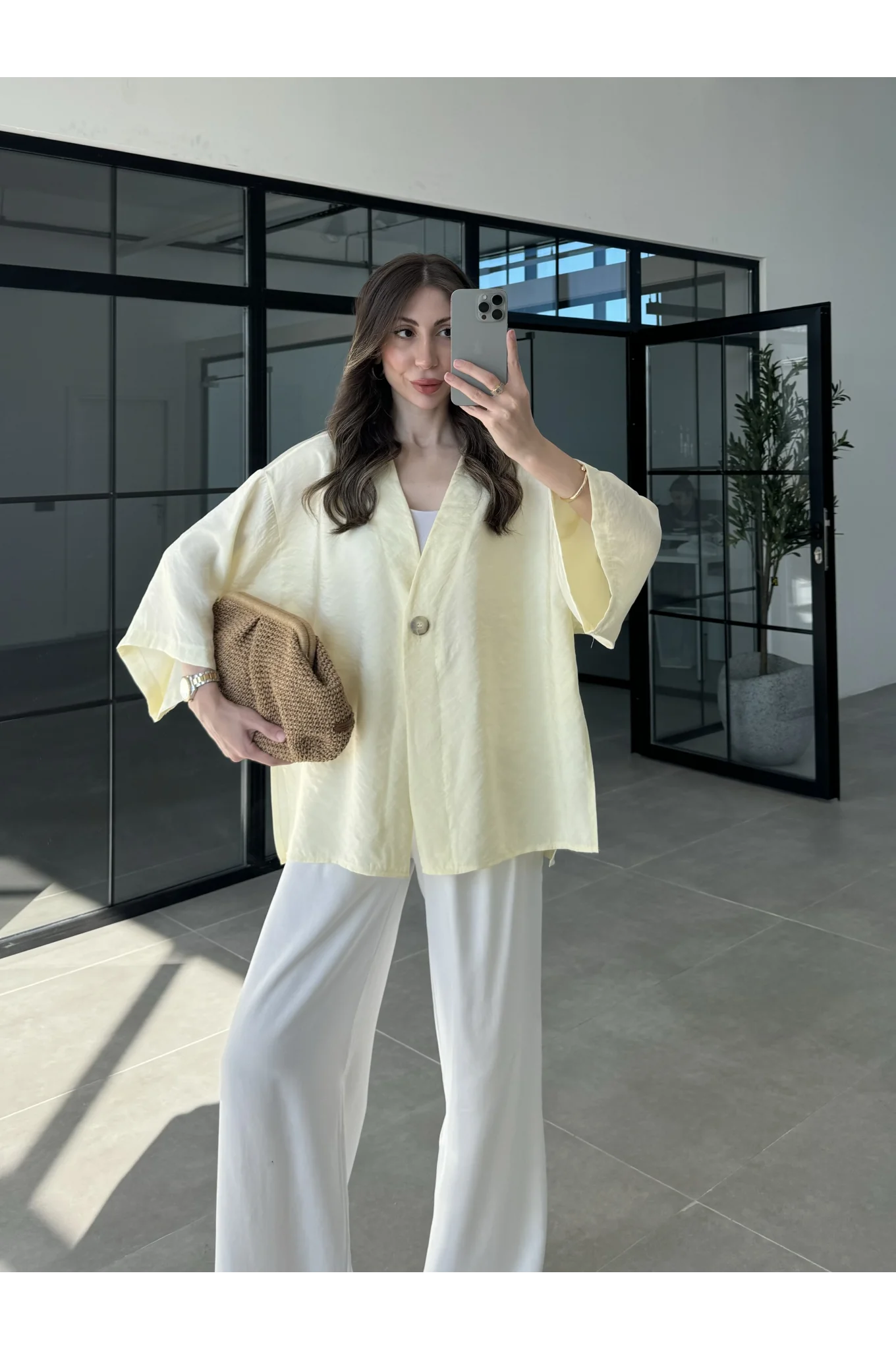 Sofi Tek Düğme Oversize Tensel Sarı Gömlek